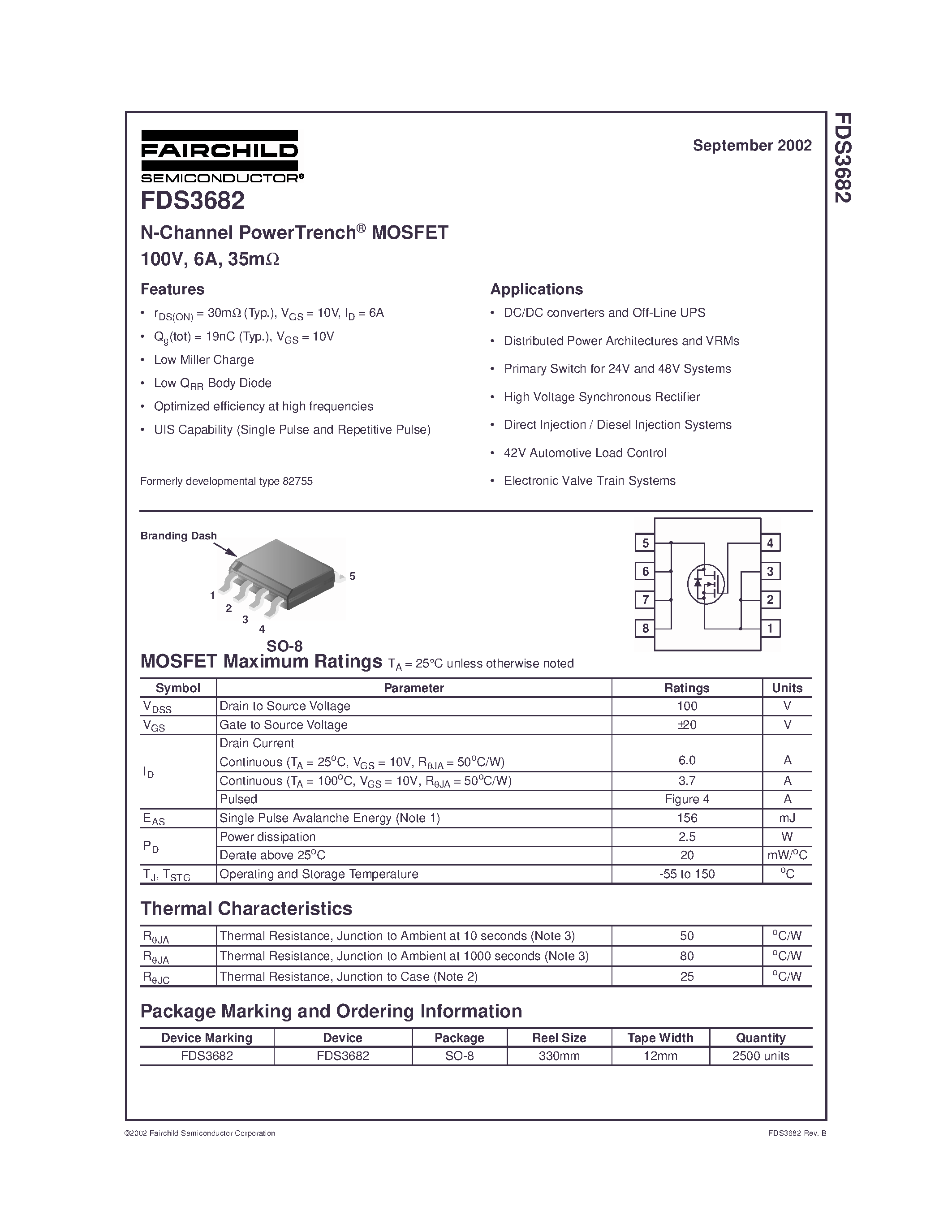 Datasheet FDS3682 page 1 Datasheet FDS3682 - N-Channel PowerTrench MOSFET 100V/ 6A/ 35m page 1