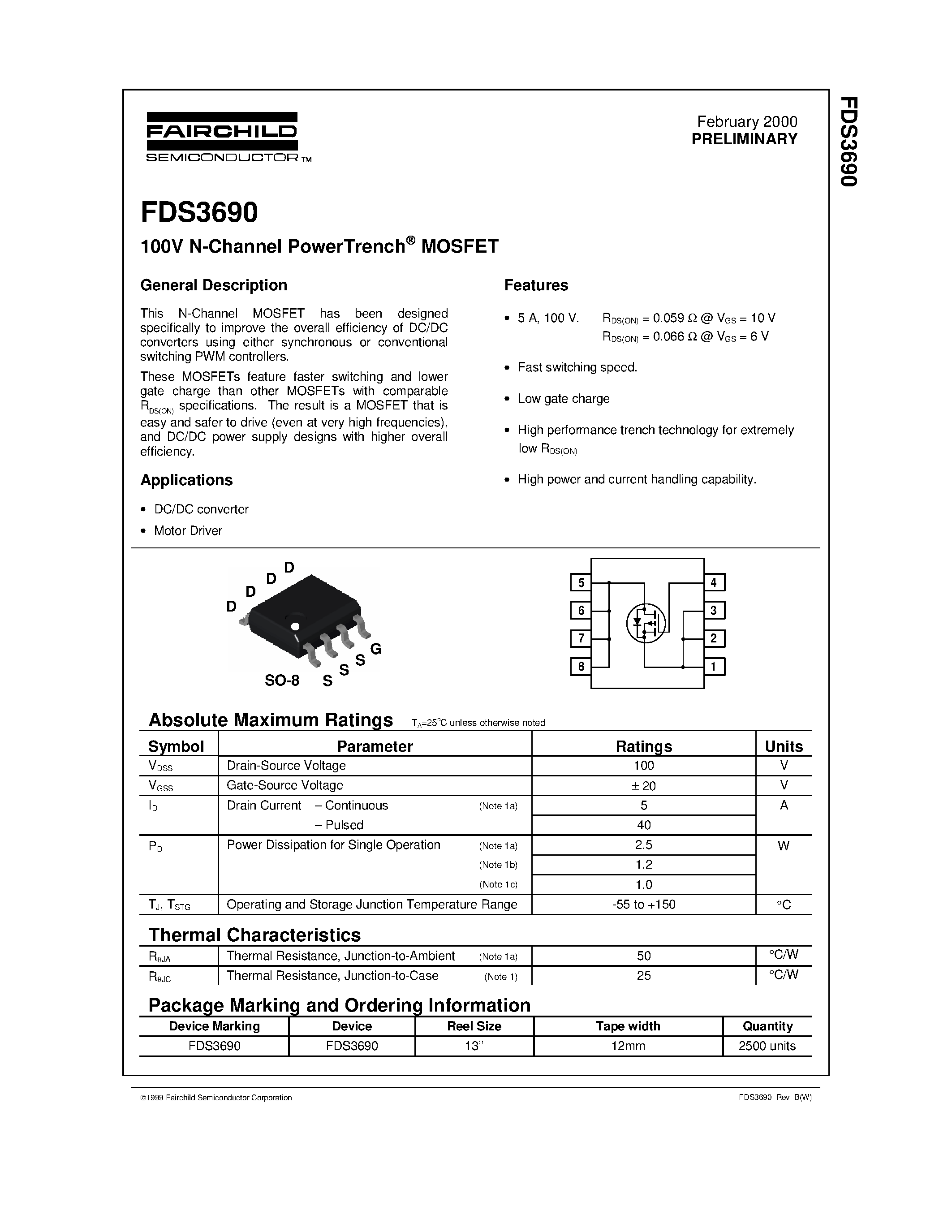 Datasheet FDS3690 page 1 Datasheet FDS3690 - 100V N-Channel PowerTrench MOSFET page 1