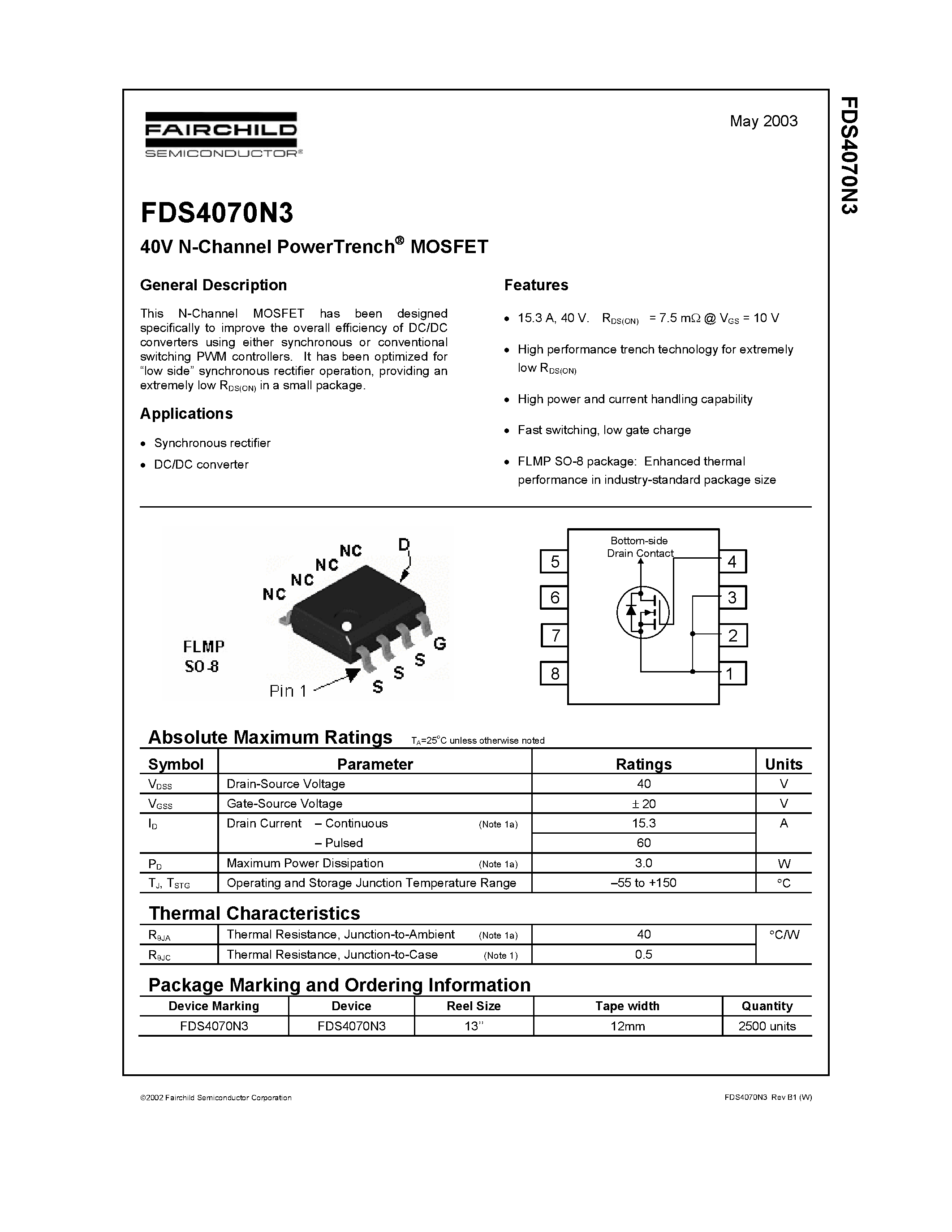 Datasheet FDS4070N3 page 1 Datasheet FDS4070N3 - 40V N-Channel PowerTrench MOSFET page 1