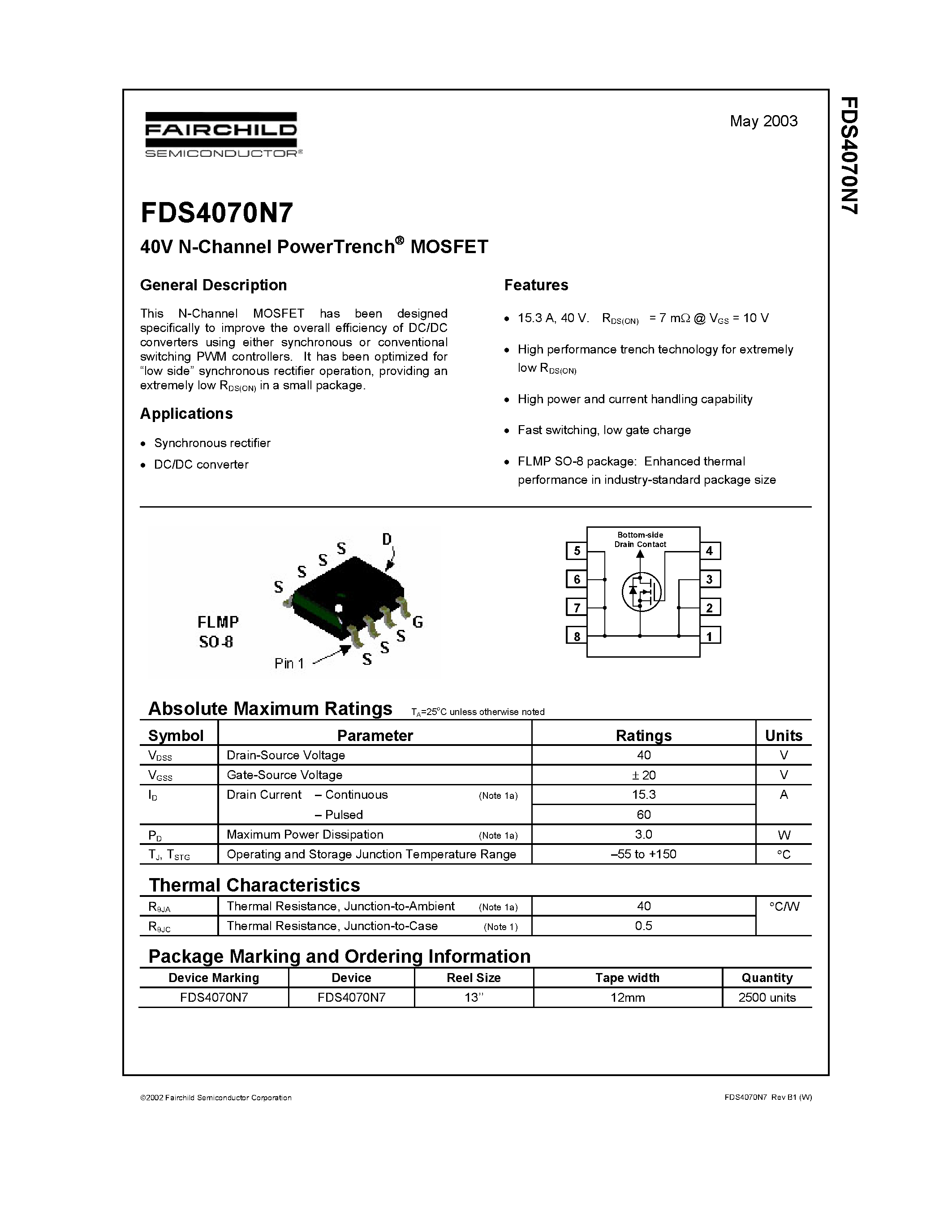 Datasheet FDS4070N7 page 1 Datasheet FDS4070N7 - 40V N-Channel PowerTrench MOSFET page 1