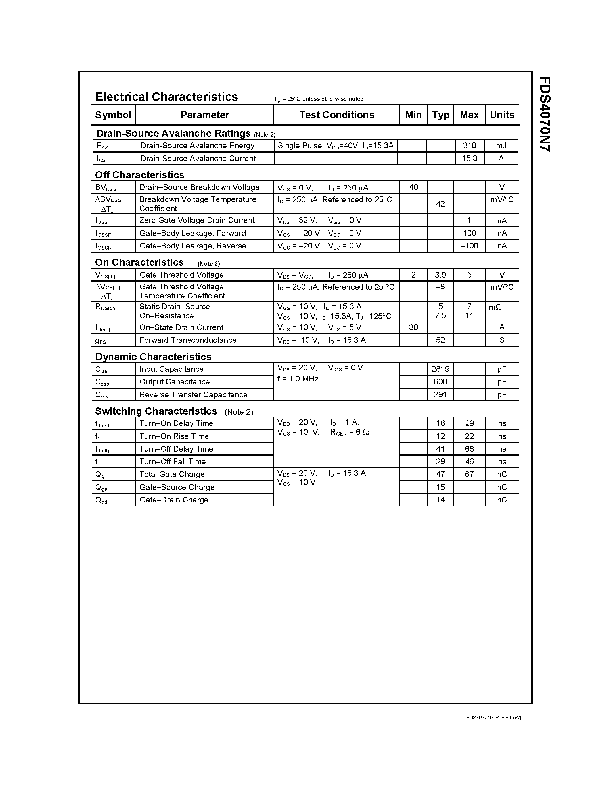 Datasheet FDS4070N7 page 2 Datasheet FDS4070N7 - 40V N-Channel PowerTrench MOSFET page 2