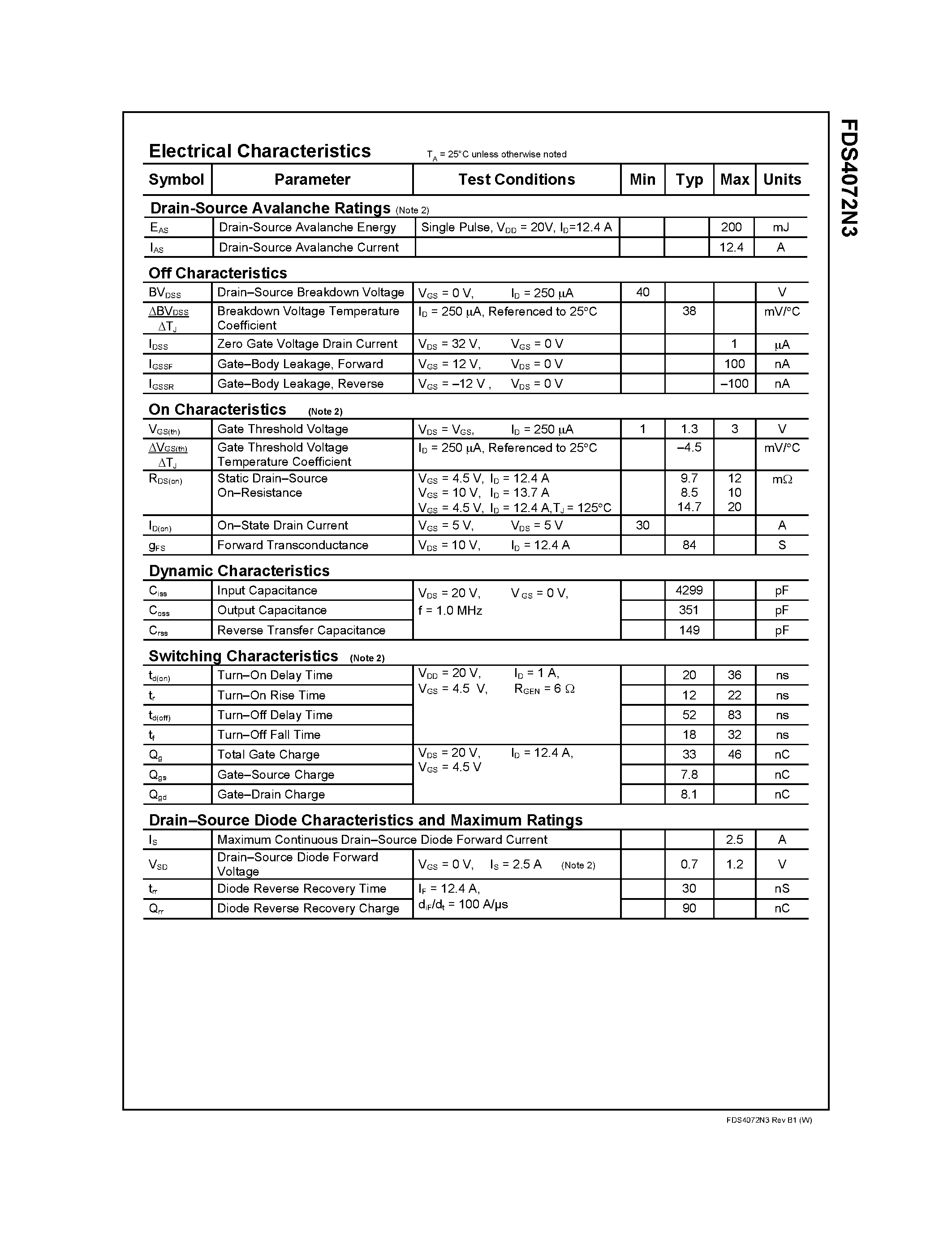 Datasheet FDS4072N3 page 2 Datasheet FDS4072N3 - 40V N-Channel PowerTrench MOSFET page 2