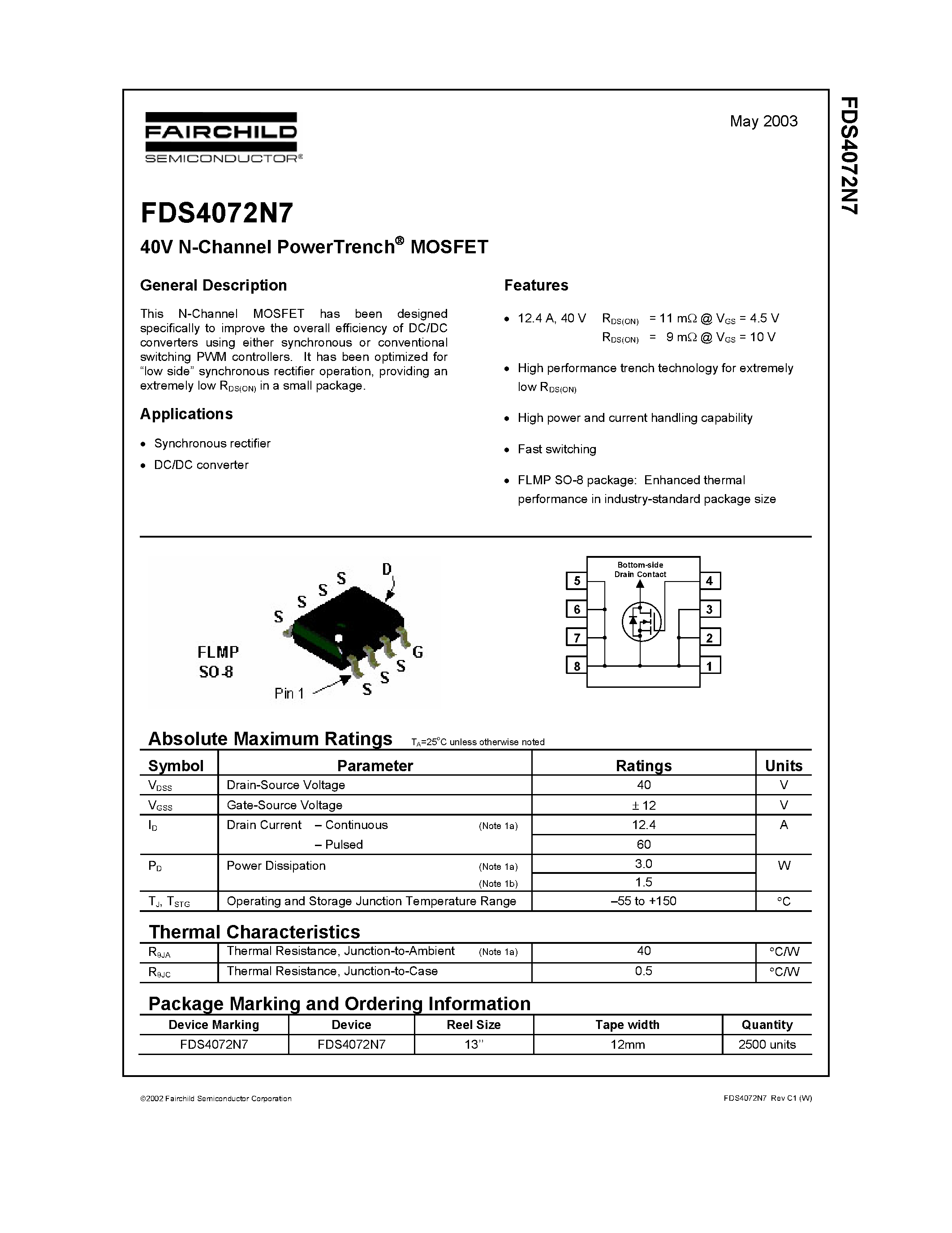 Datasheet FDS4072N7 page 1 Datasheet FDS4072N7 - 40V N-Channel PowerTrench MOSFET page 1