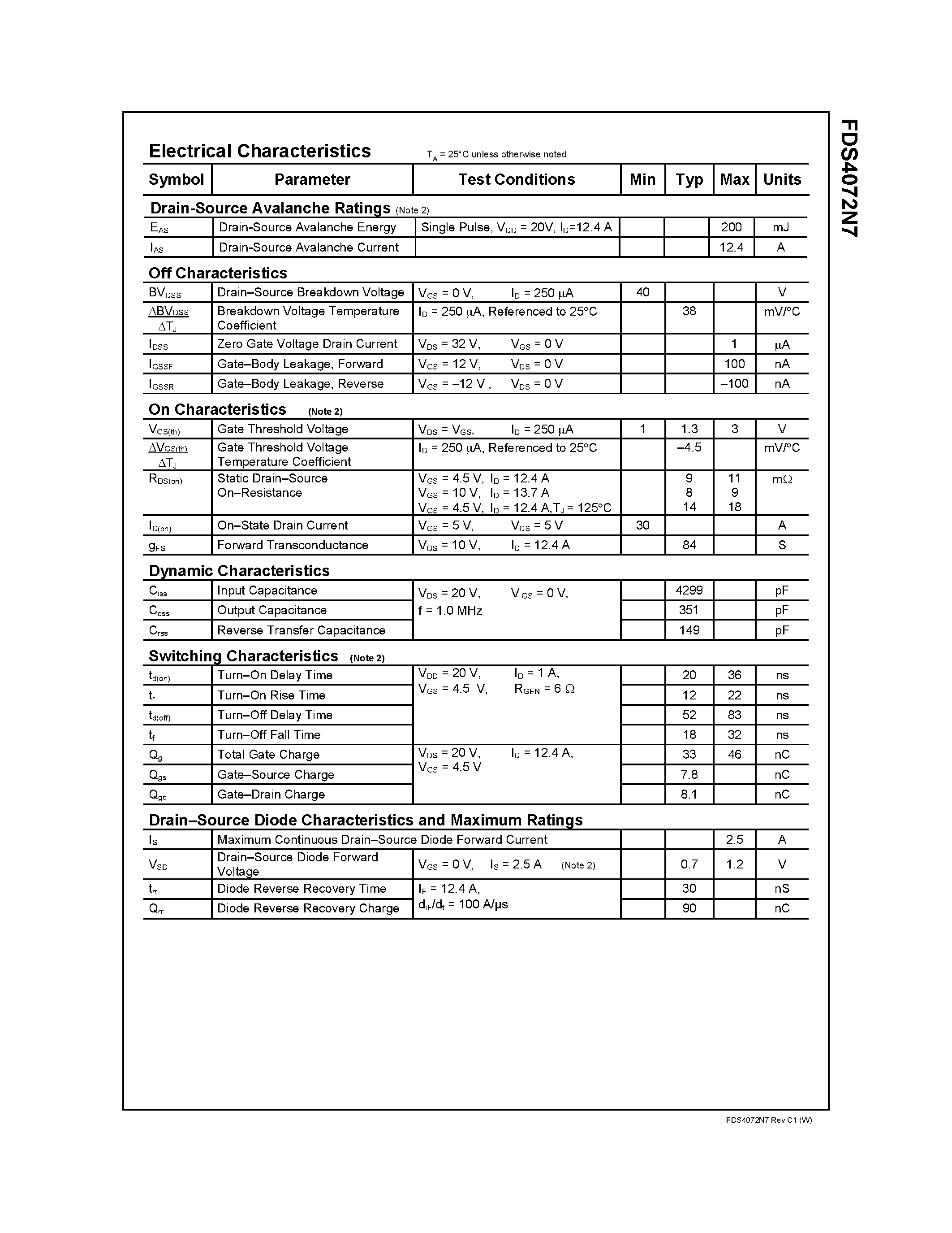 Datasheet FDS4072N7 page 2 Datasheet FDS4072N7 - 40V N-Channel PowerTrench MOSFET page 2