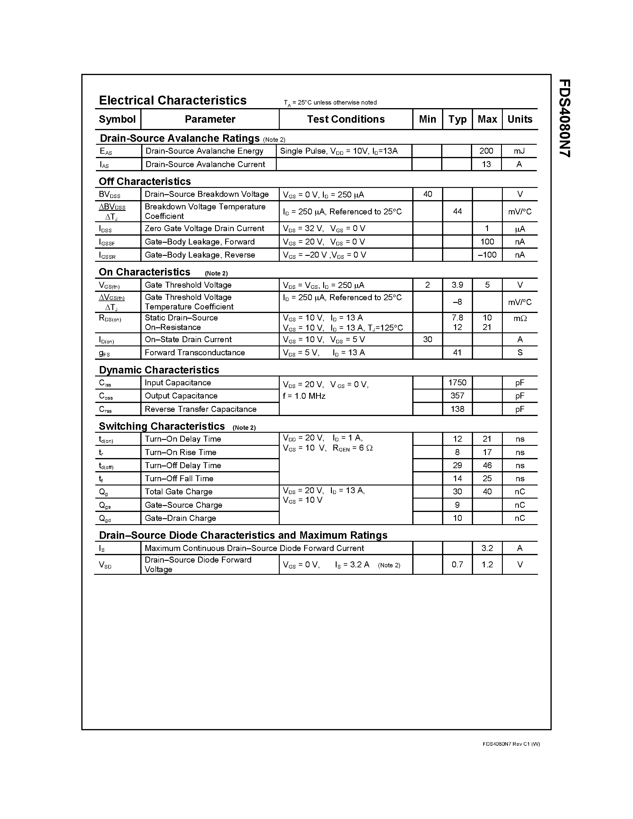 Datasheet FDS4080N7 page 2 Datasheet FDS4080N7 - 40V N-Channel FLMP PowerTrench MOSFET page 2