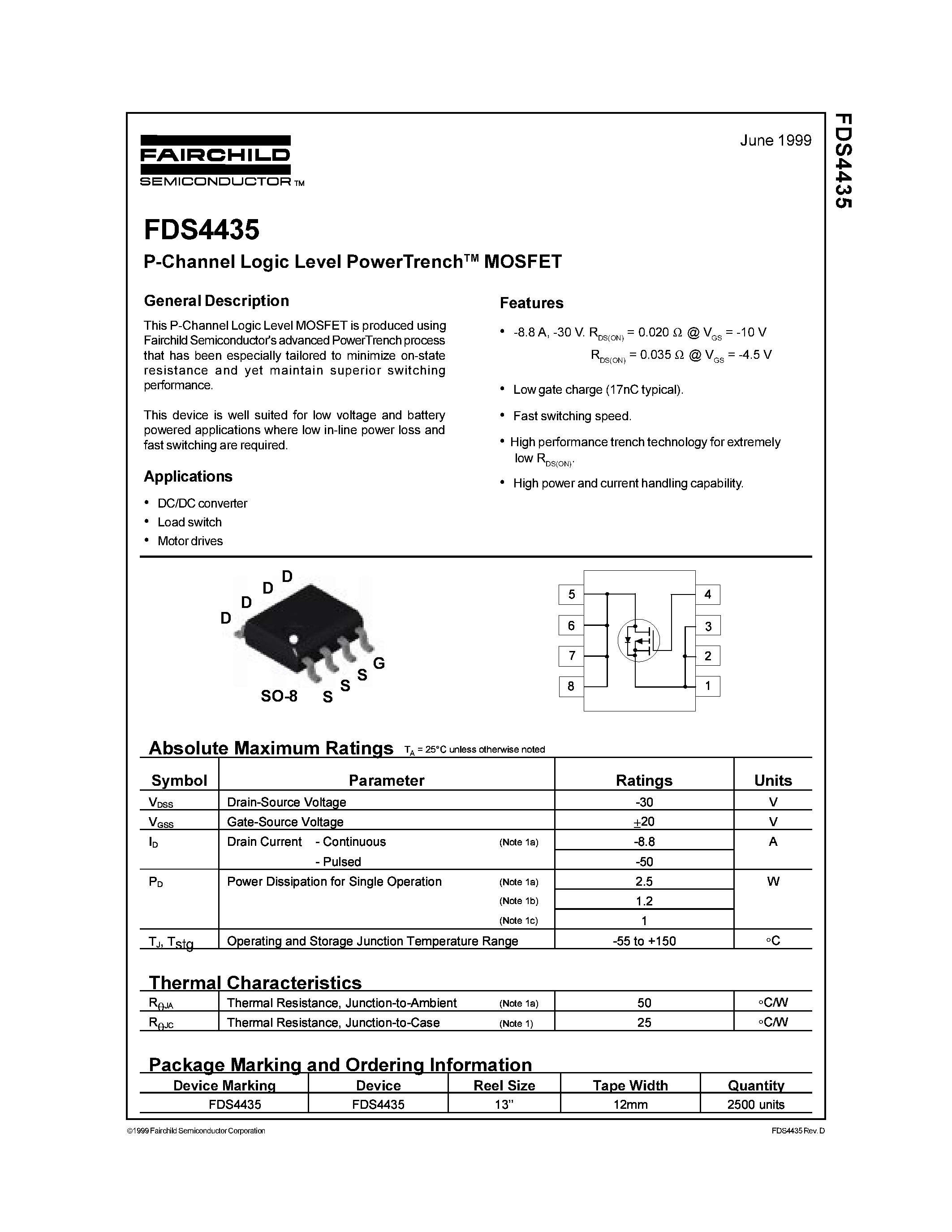 Datasheet FDS4435 page 1 Datasheet FDS4435 - P-Channel Logic Level PowerTrenchMOSFET page 1