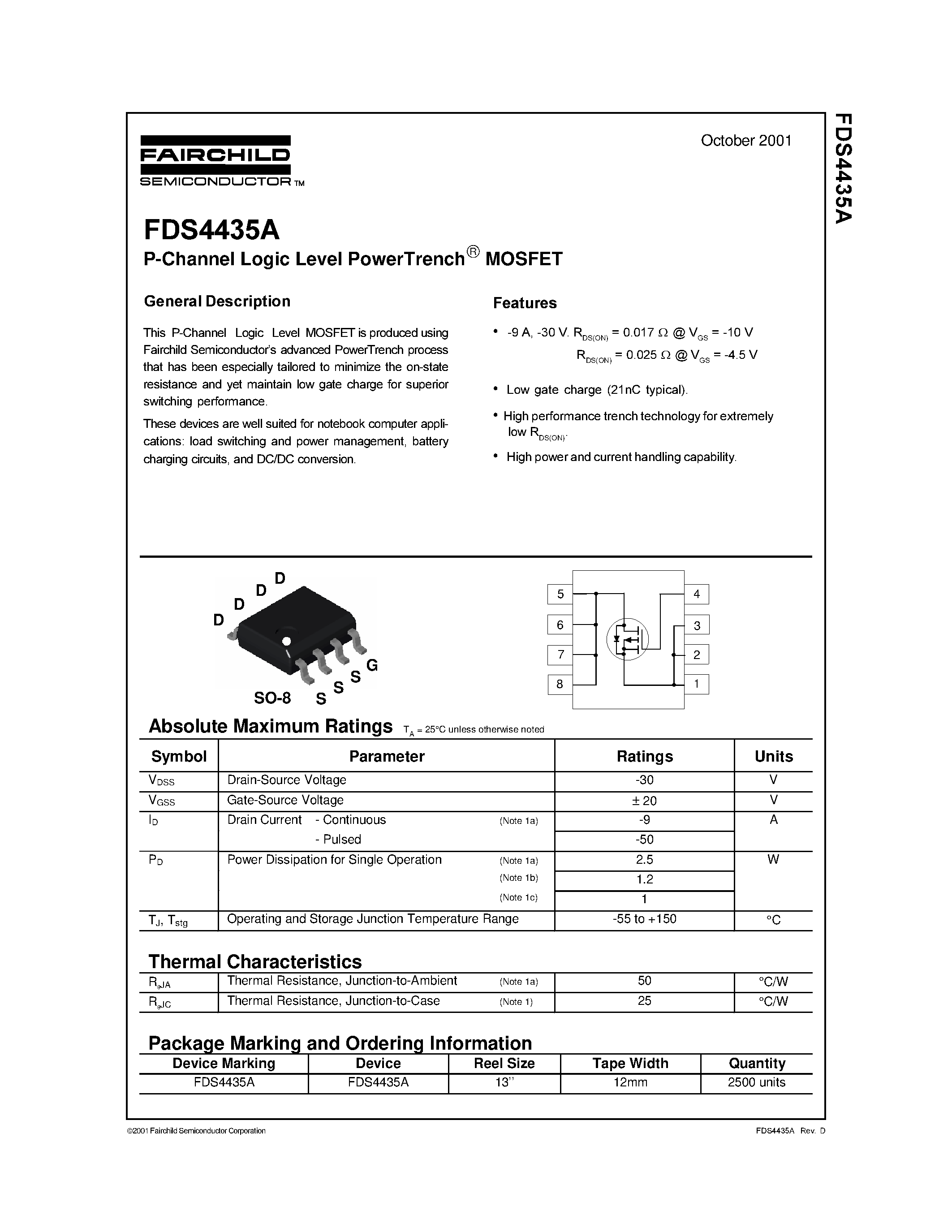 Datasheet FDS4435A page 1 Datasheet FDS4435A - P-Channel Logic Level PowerTrenchMOSFET page 1
