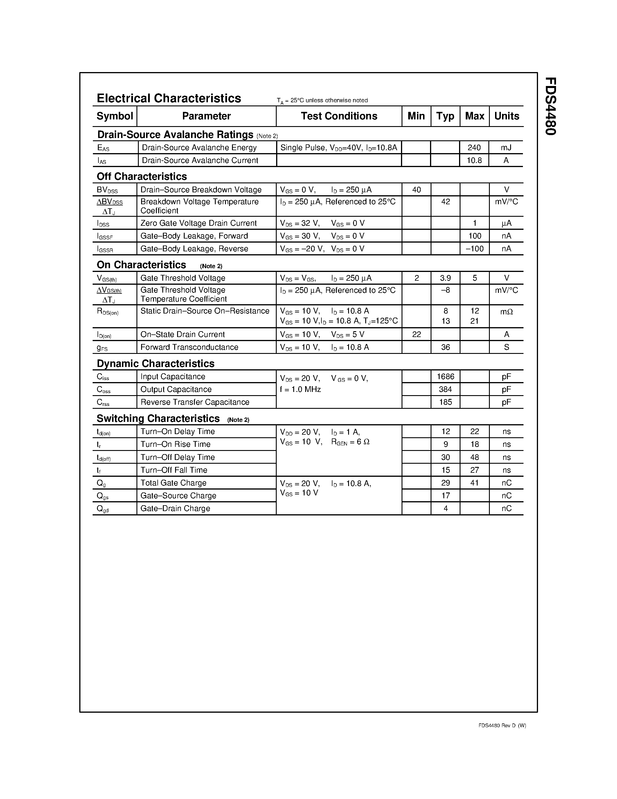 Datasheet FDS4480 page 2 Datasheet FDS4480 - 40V N-Channel PowerTrench MOSFET page 2