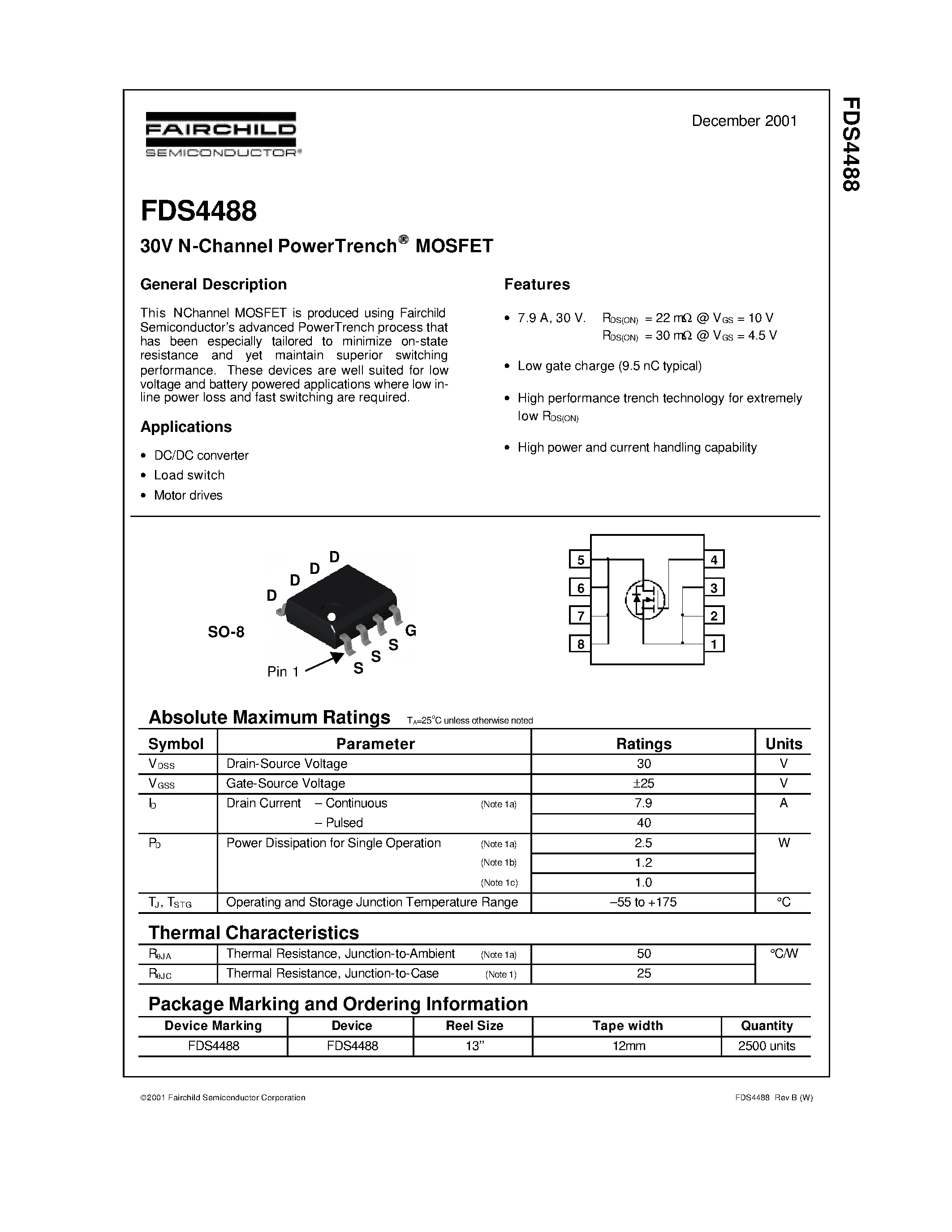 Datasheet FDS4488 page 1 Datasheet FDS4488 - 30V N-Channel PowerTrench MOSFET page 1