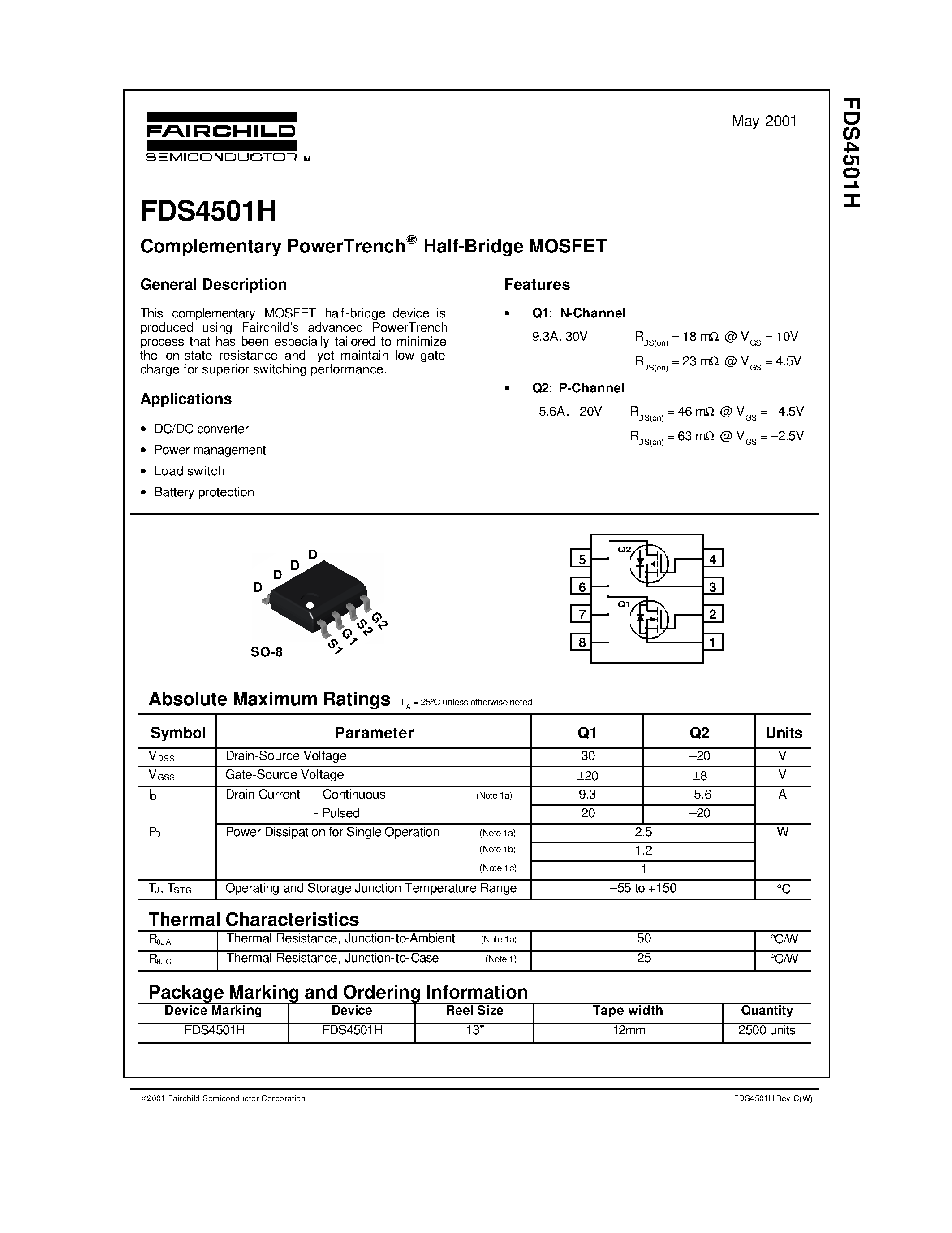 Datasheet FDS4501H page 1 Datasheet FDS4501H - Complementary PowerTrench Half-Bridge MOSFET page 1