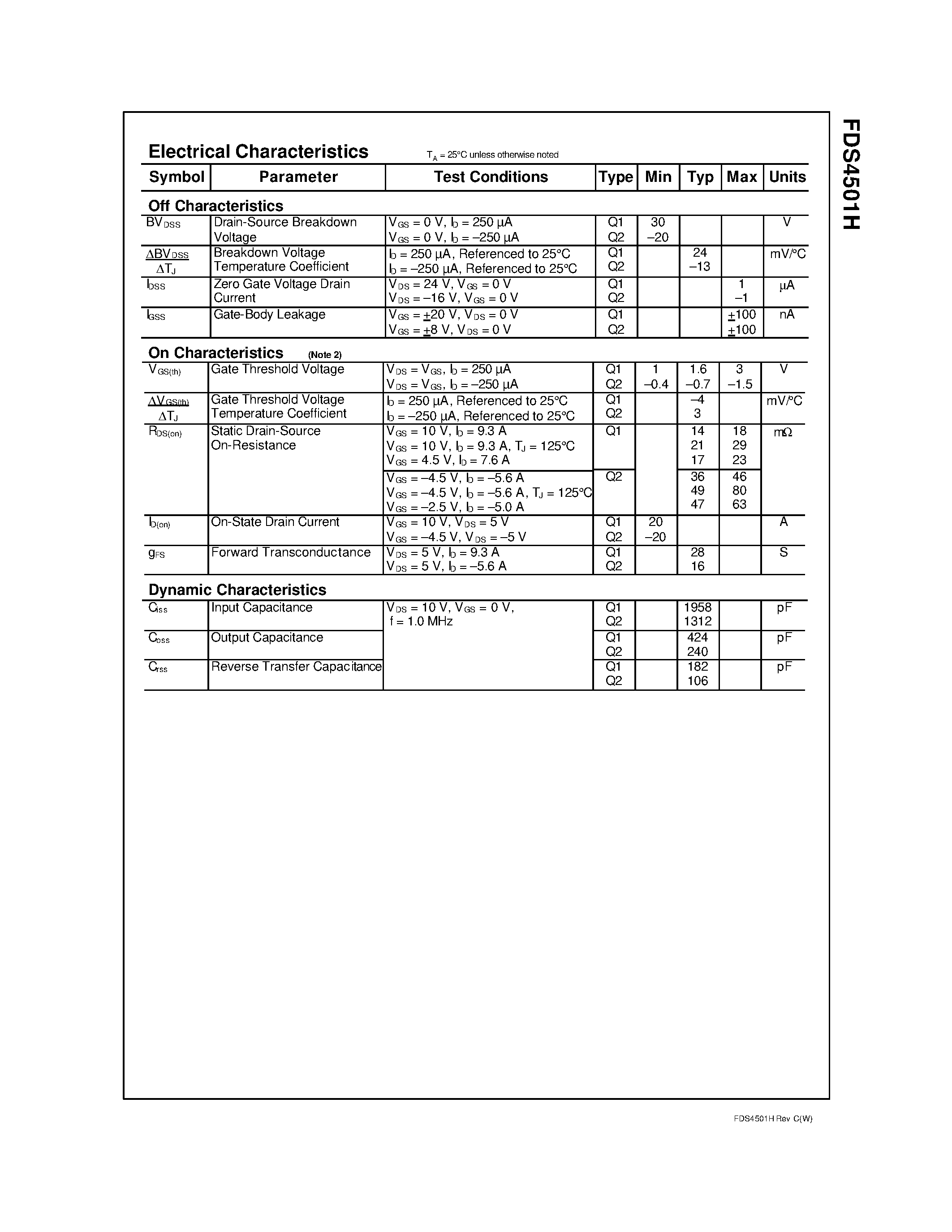 Datasheet FDS4501H page 2 Datasheet FDS4501H - Complementary PowerTrench Half-Bridge MOSFET page 2