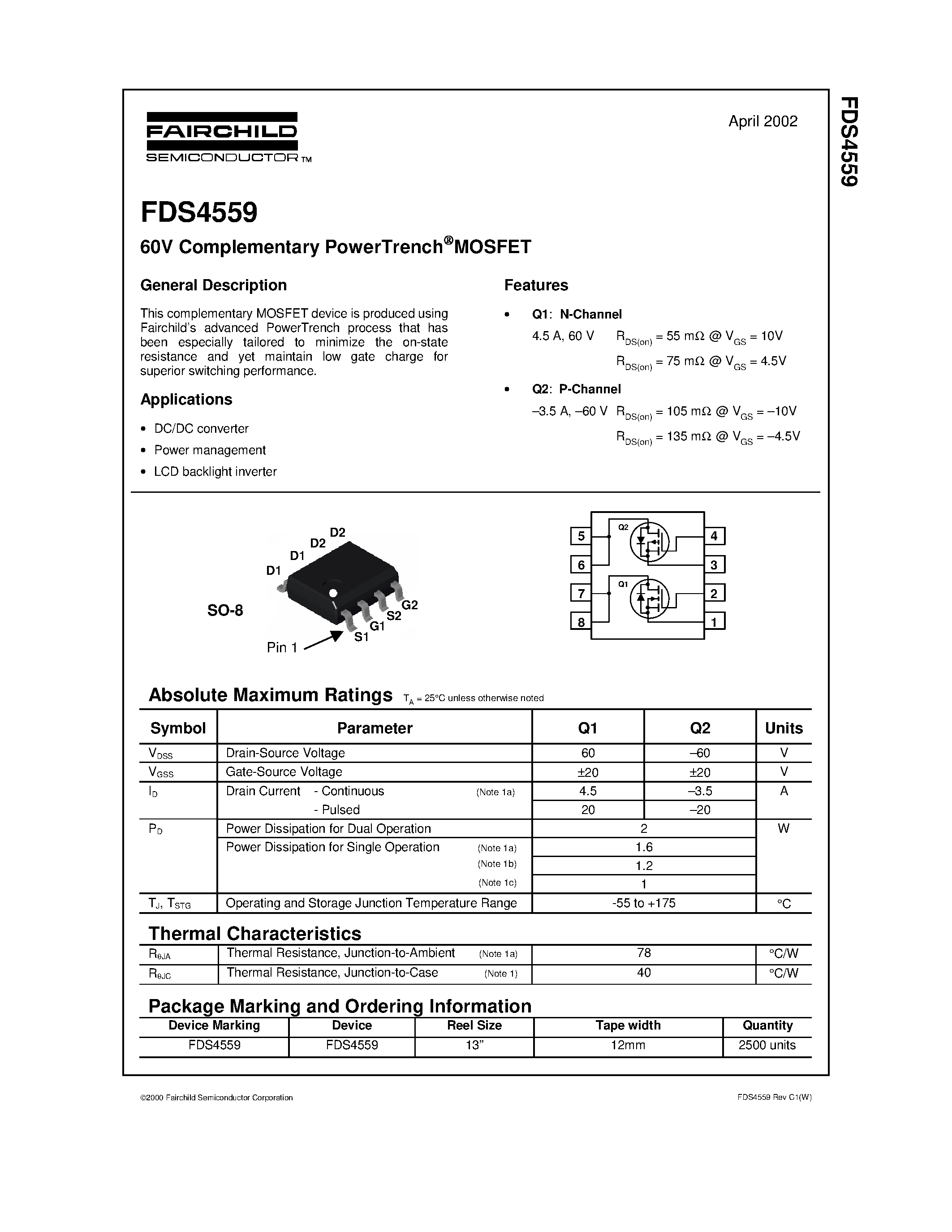 Datasheet FDS4559 page 1 Datasheet FDS4559 - 60V Complementary PowerTrench MOSFET page 1