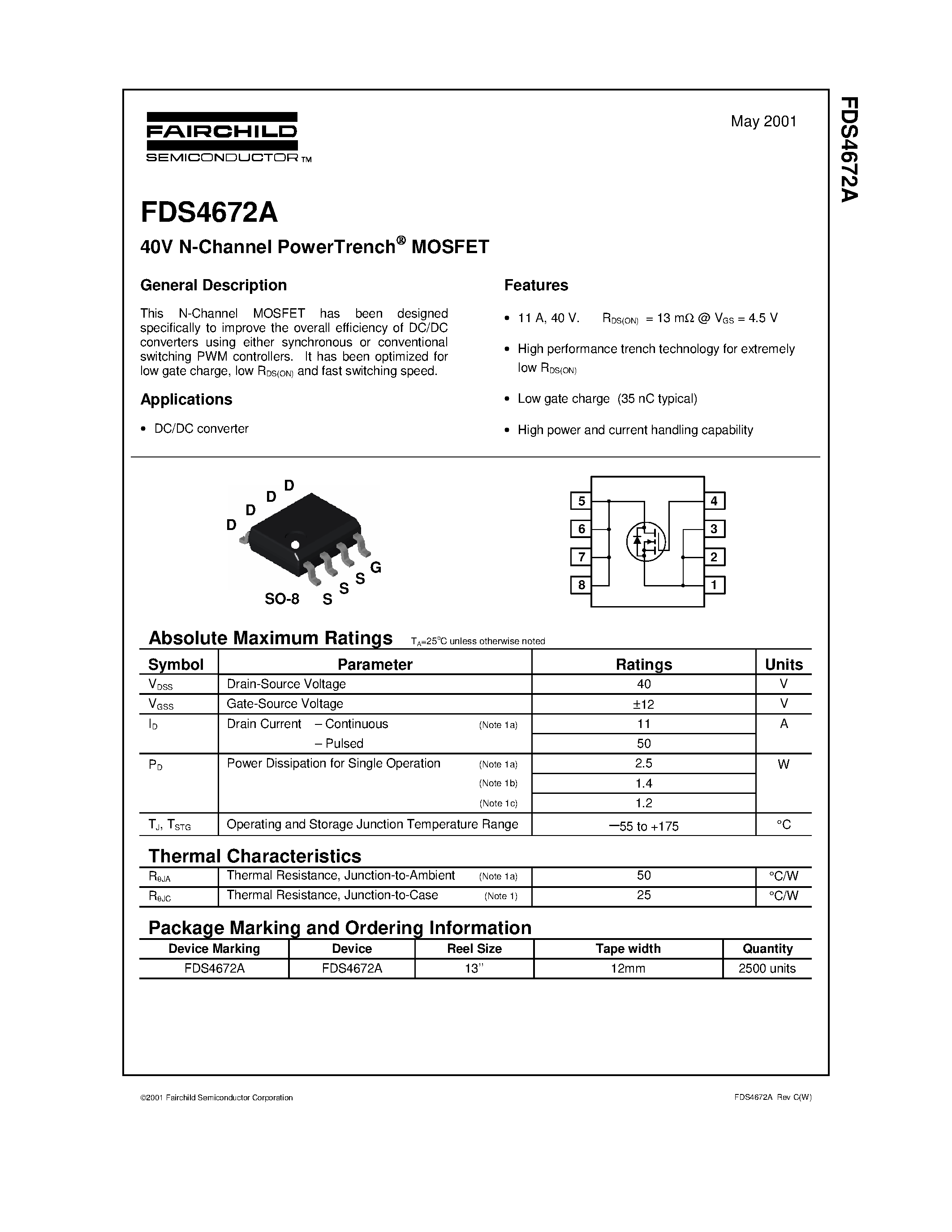 Datasheet FDS4672A page 1 Datasheet FDS4672A - 40V N-Channel PowerTrench MOSFET page 1