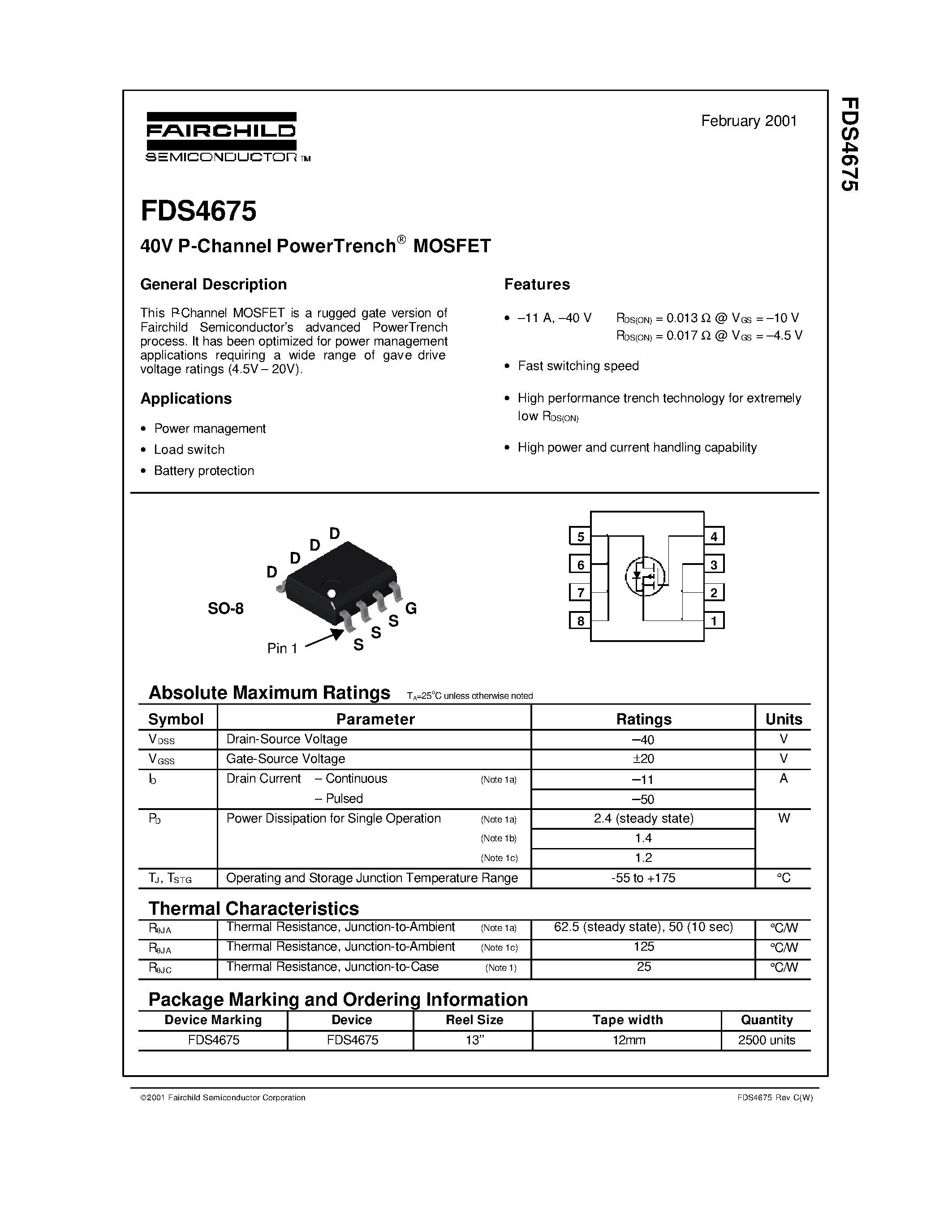 Datasheet FDS4675 page 1 Datasheet FDS4675 - 40V P-Channel PowerTrench MOSFET page 1