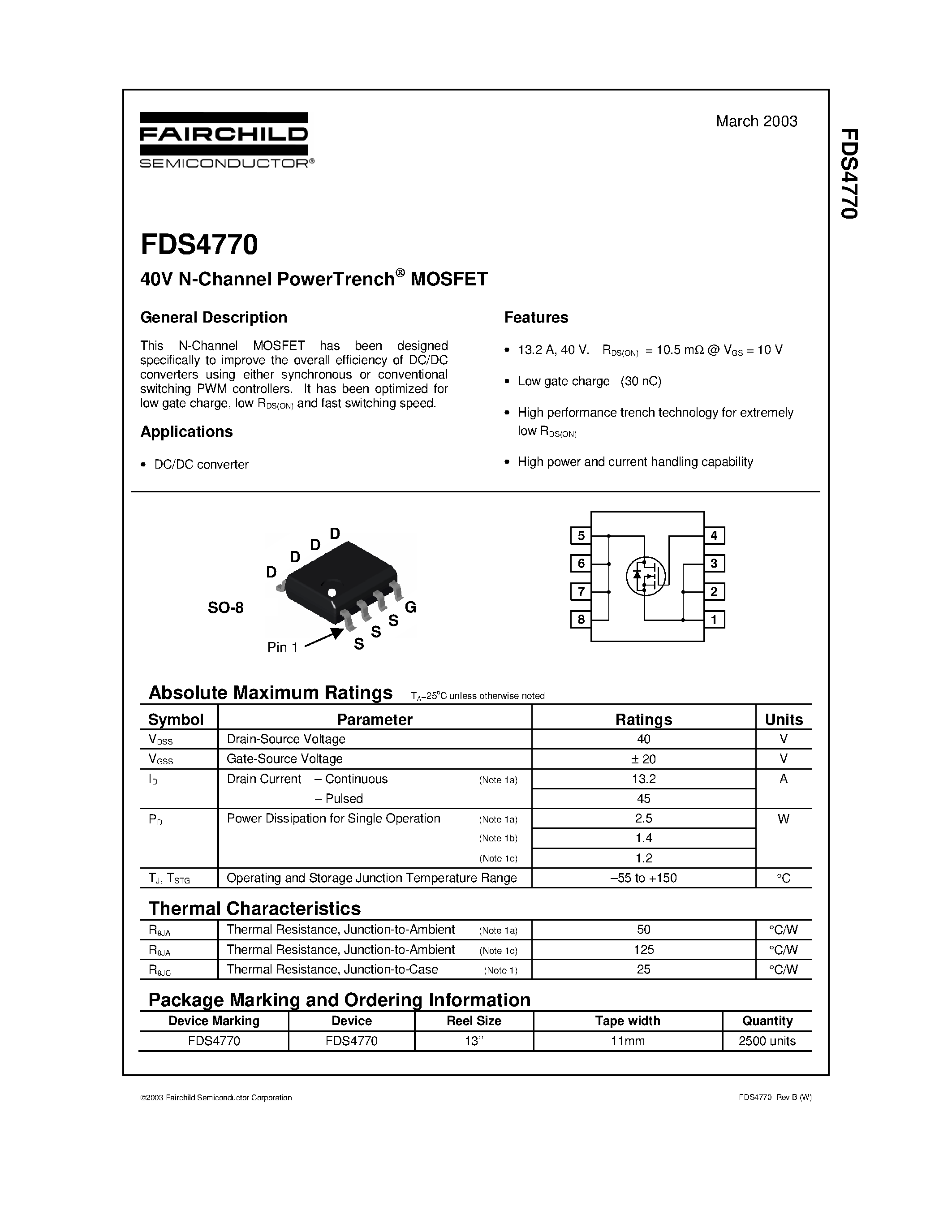 Datasheet FDS4770 page 1 Datasheet FDS4770 - 40V N-Channel PowerTrench MOSFET page 1