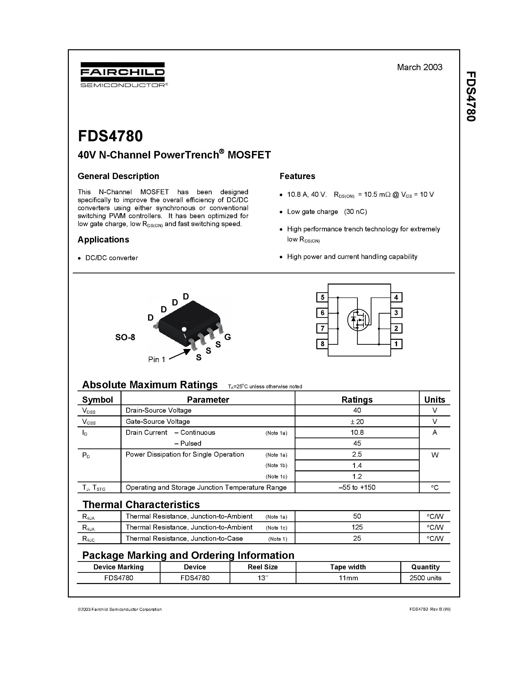 Datasheet FDS4780 page 1 Datasheet FDS4780 - 40V N-Channel PowerTrench MOSFET page 1
