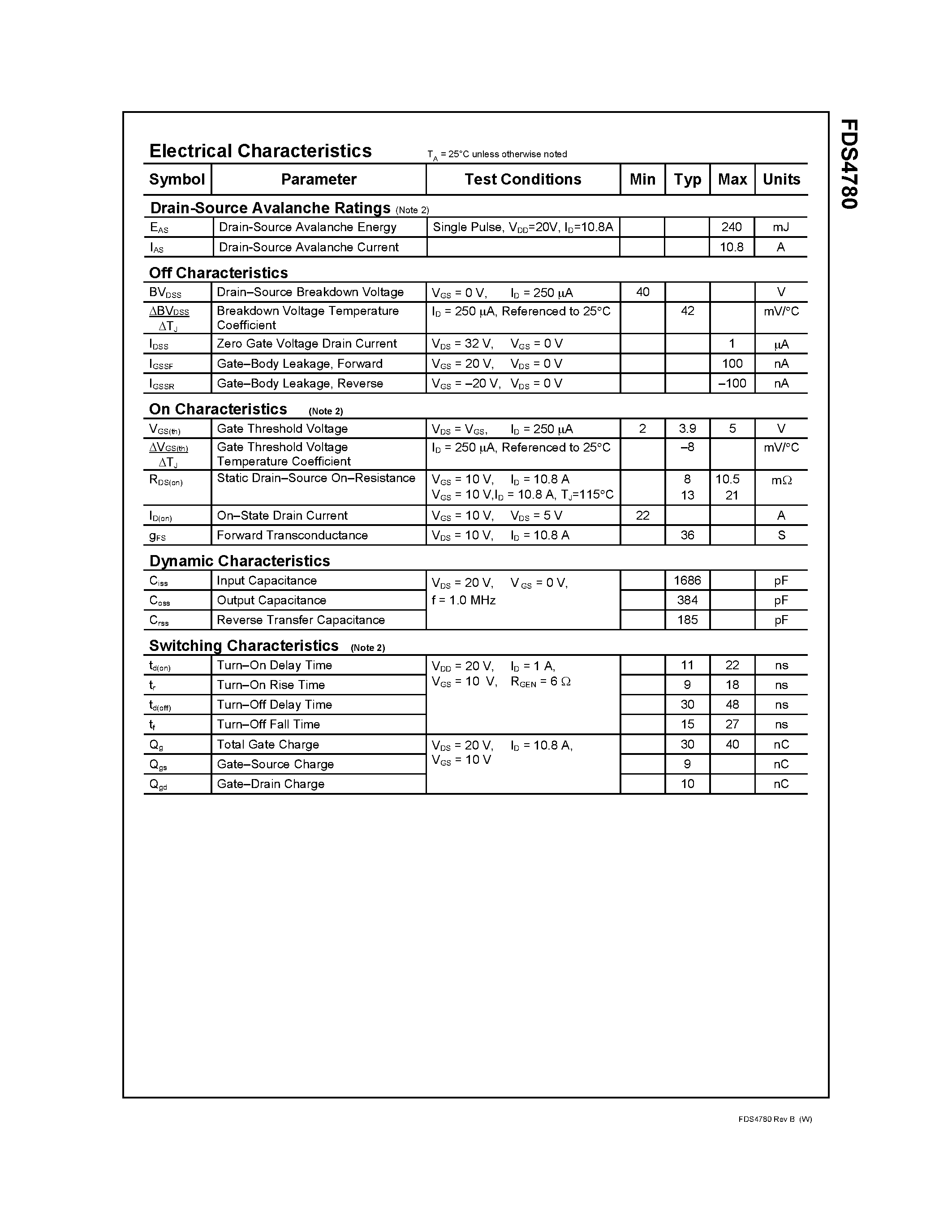 Datasheet FDS4780 page 2 Datasheet FDS4780 - 40V N-Channel PowerTrench MOSFET page 2