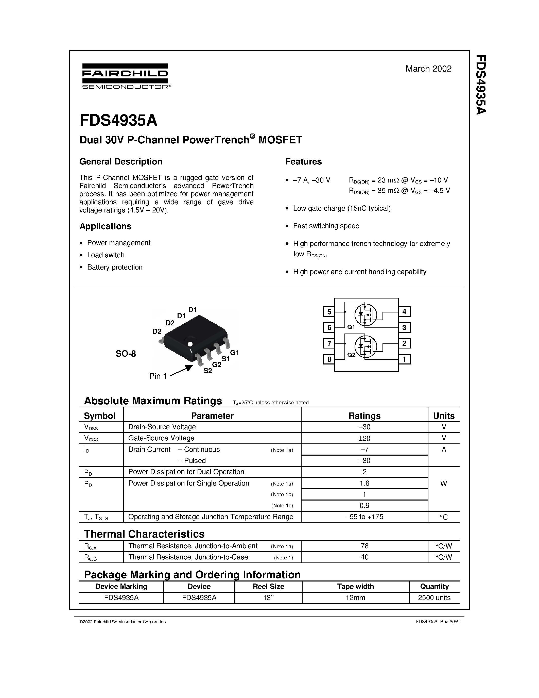 Datasheet FDS4935A page 1 Datasheet FDS4935A - Dual 30V P-Channel PowerTrench MOSFET page 1