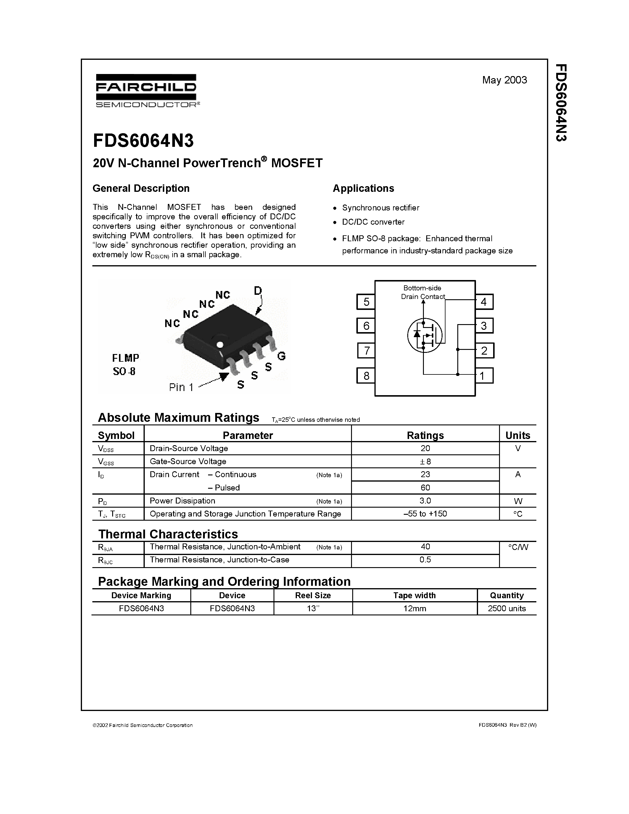 Даташит на микросхему FDS6064N3 страница 1 Даташит FDS6064N3 - 20V N-Channel PowerTrench MOSFET страница 1