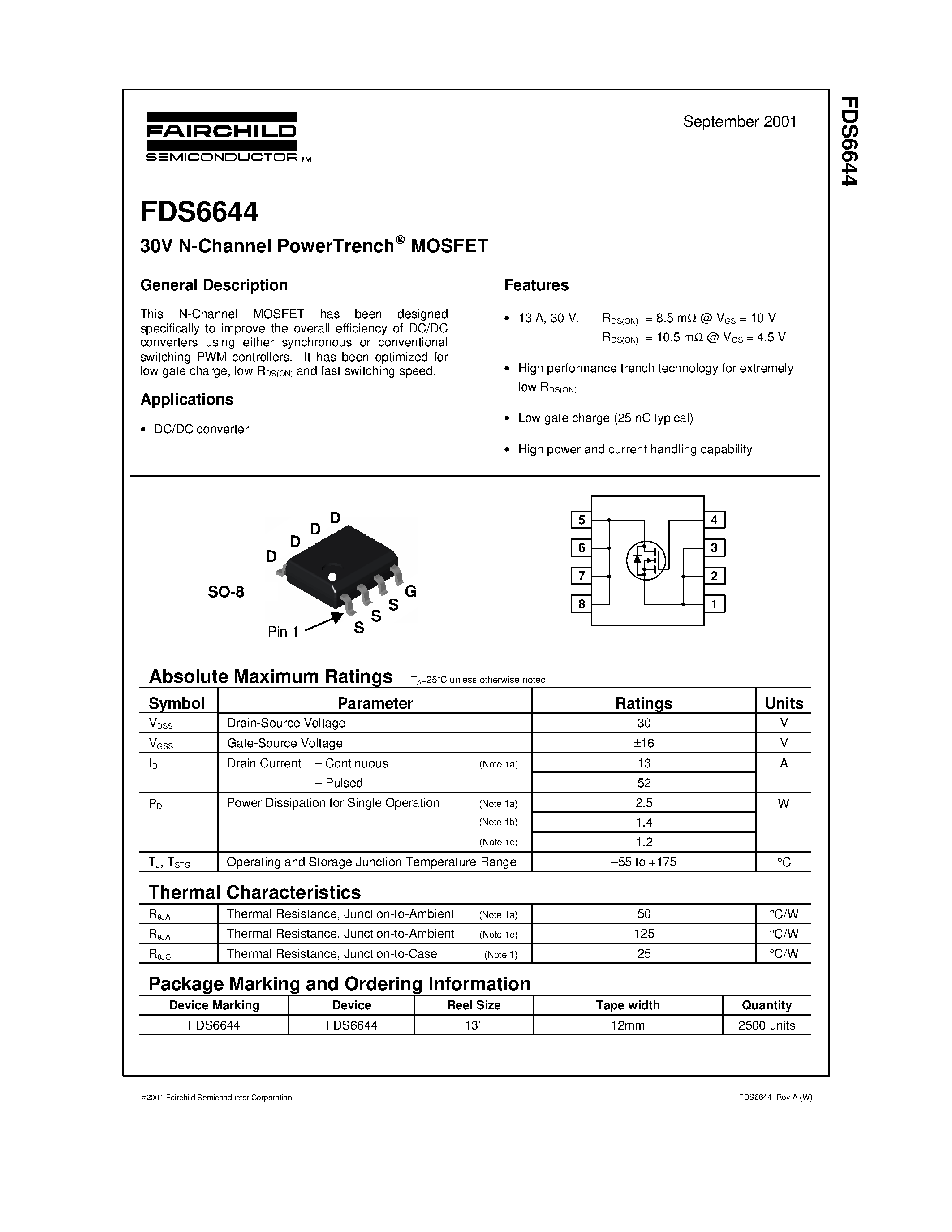Даташит FDS6644 - 30V N-Channel PowerTrench MOSFET страница 1