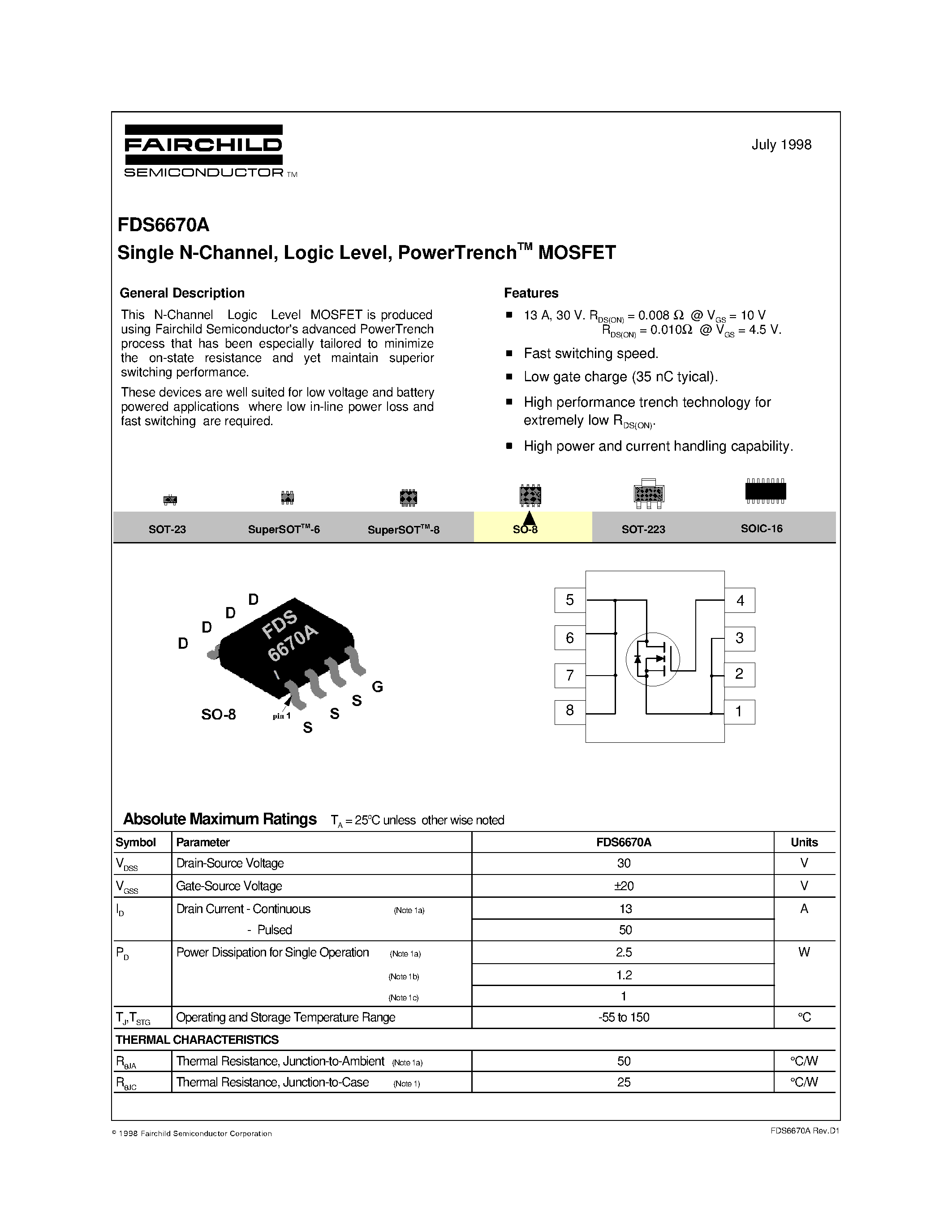 Даташит FDS6670A - Single N-Channel/ Logic Level/ PowerTrenchTM MOSFET страница 1