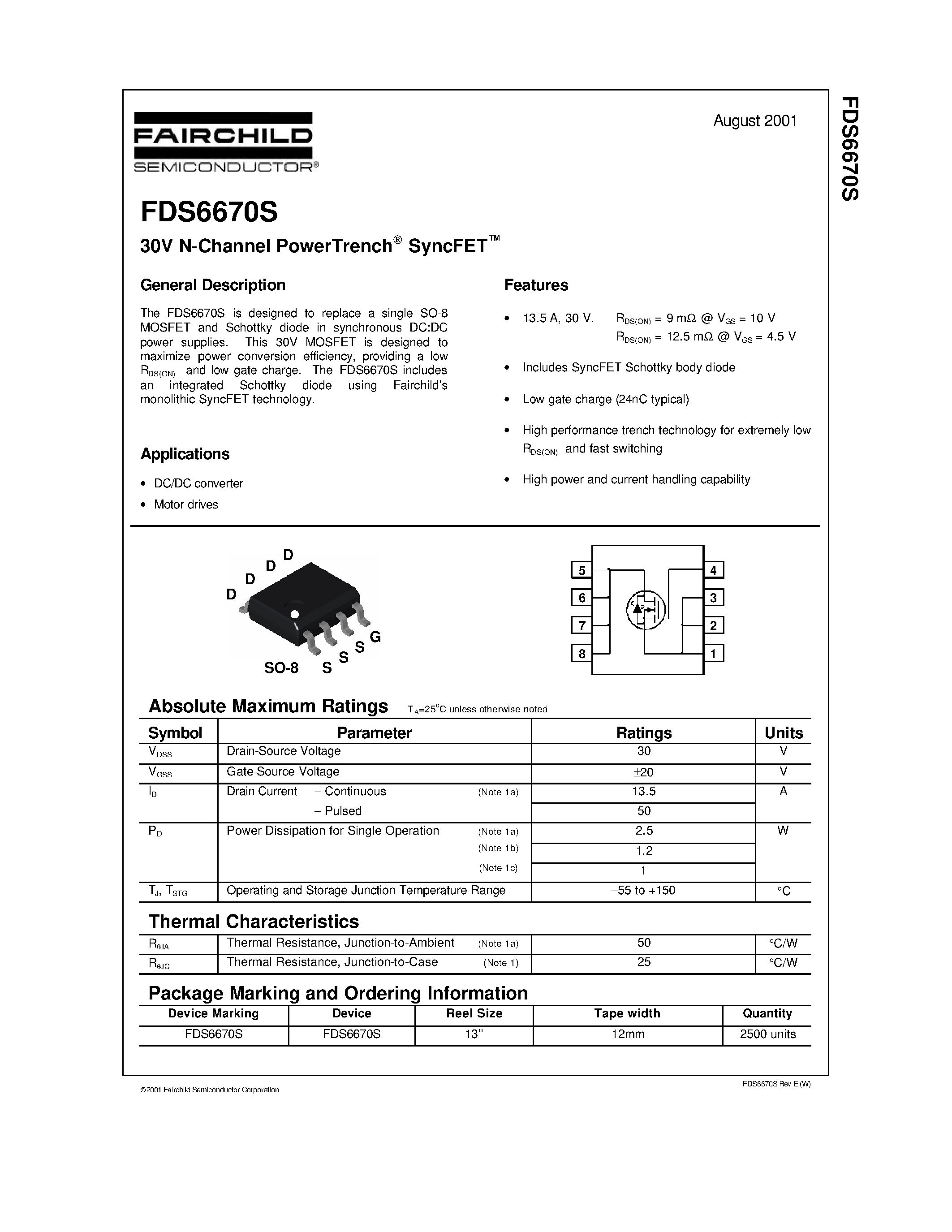 Даташит FDS6670S - 30V N-Channel PowerTrench SyncFET страница 1