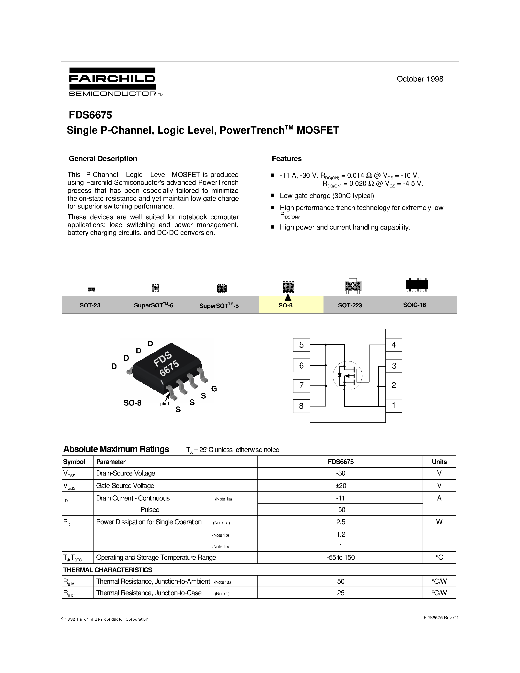 Даташит FDS6675 - Single P-Channel/ Logic Level/ PowerTrenchTM MOSFET страница 1