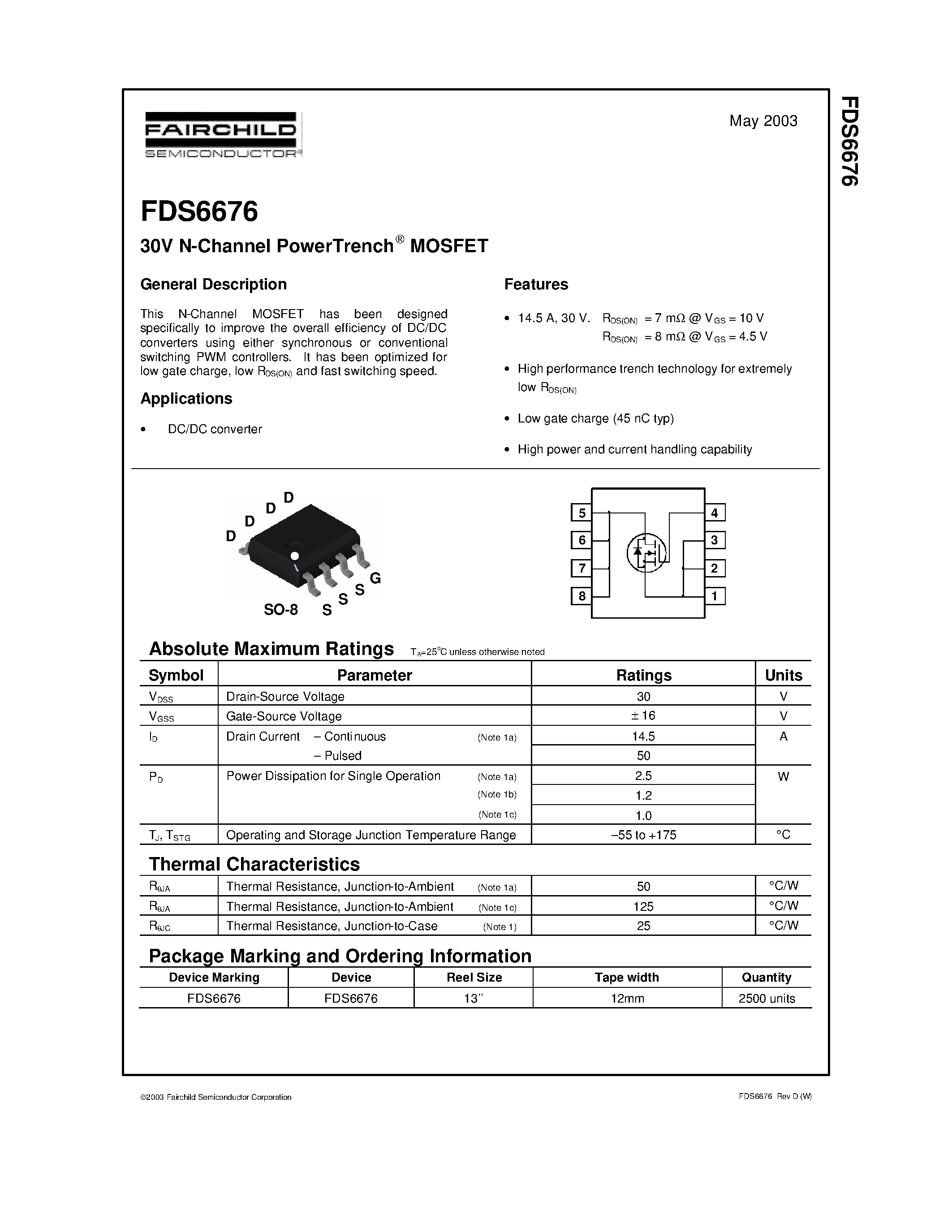 Даташит FDS6676 - 30V N-Channel PowerTrench MOSFET страница 1