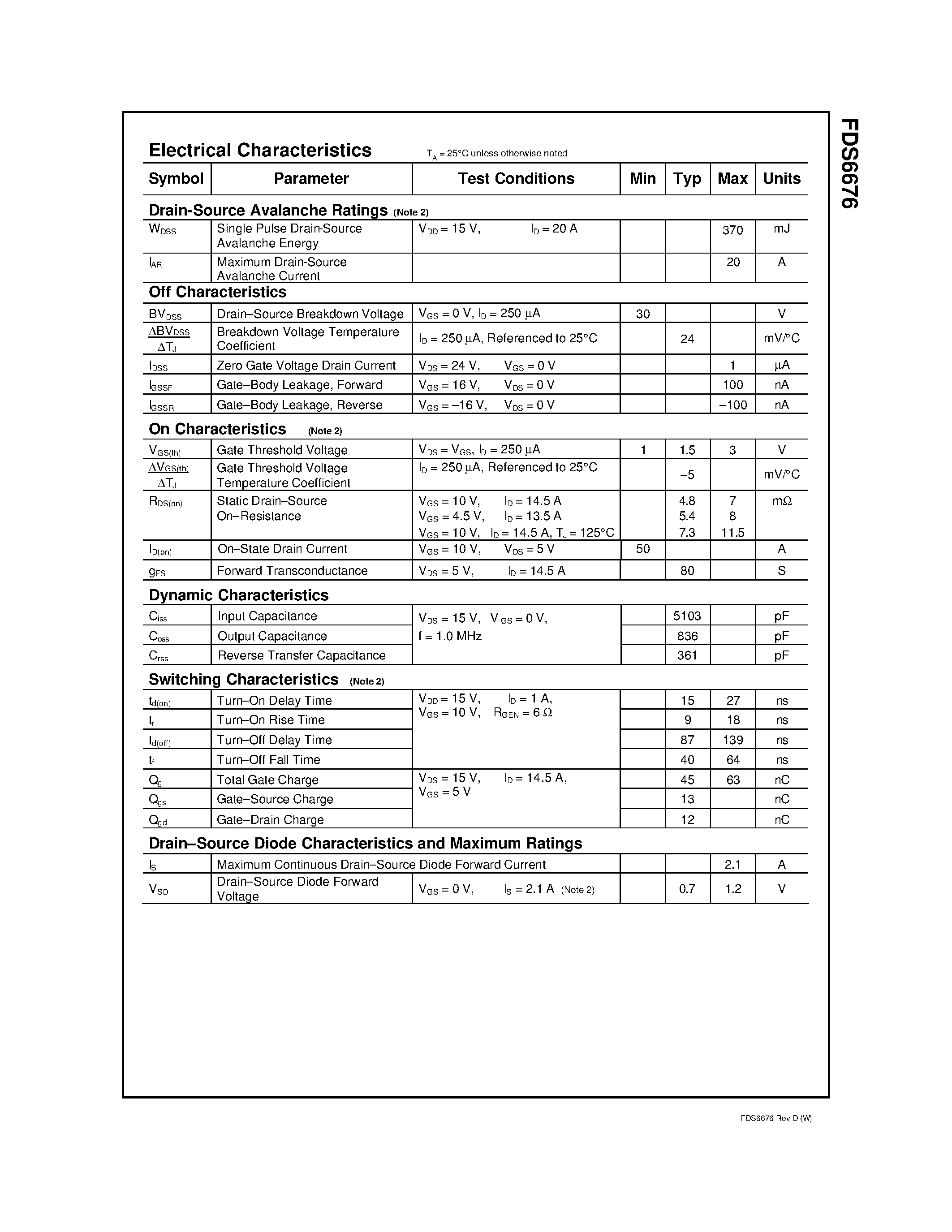 Datasheet FDS6676 page 2 Datasheet FDS6676 - 30V N-Channel PowerTrench MOSFET page 2