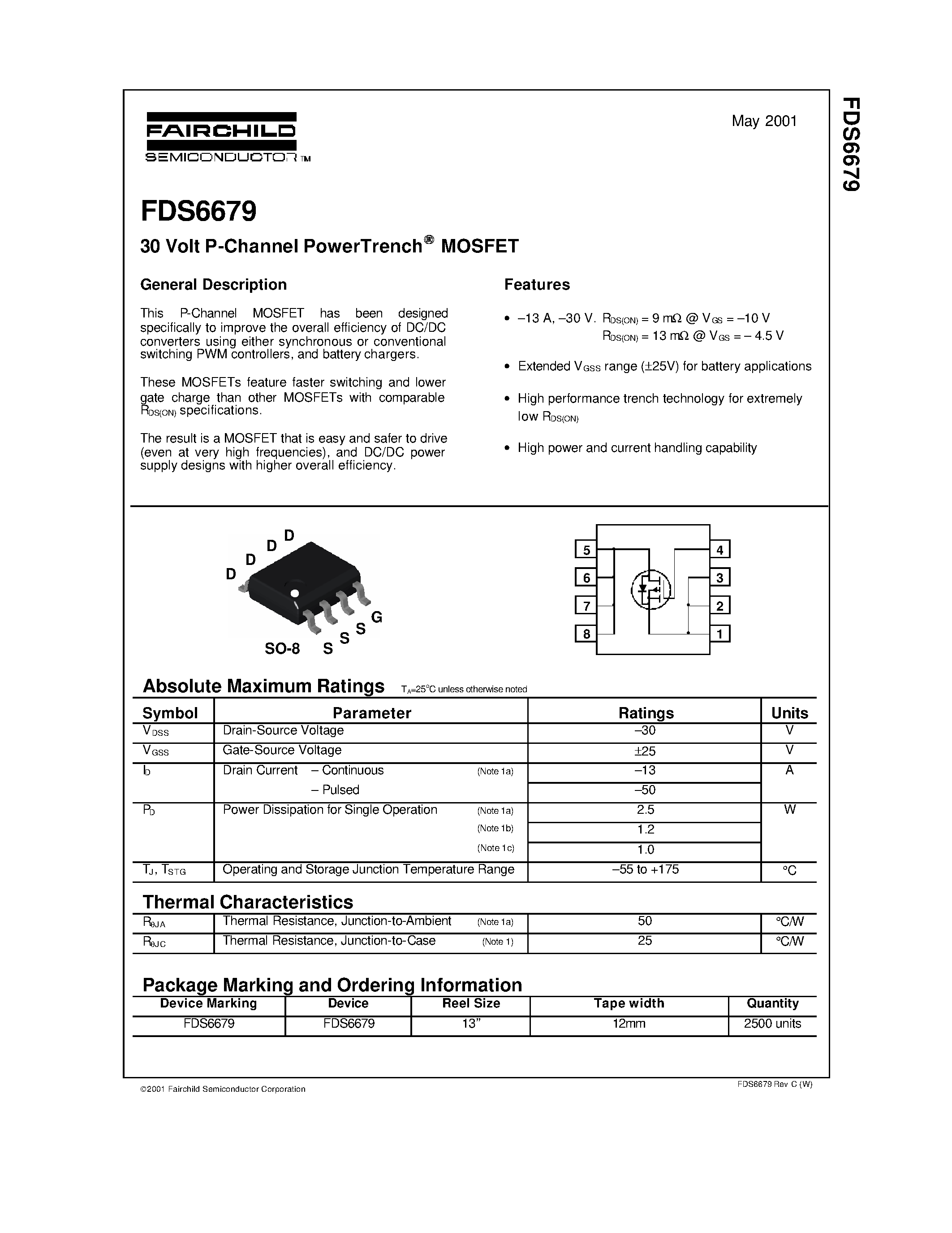 Datasheet FDS6679 page 1 Datasheet FDS6679 - 30 Volt P-Channel PowerTrench MOSFET page 1