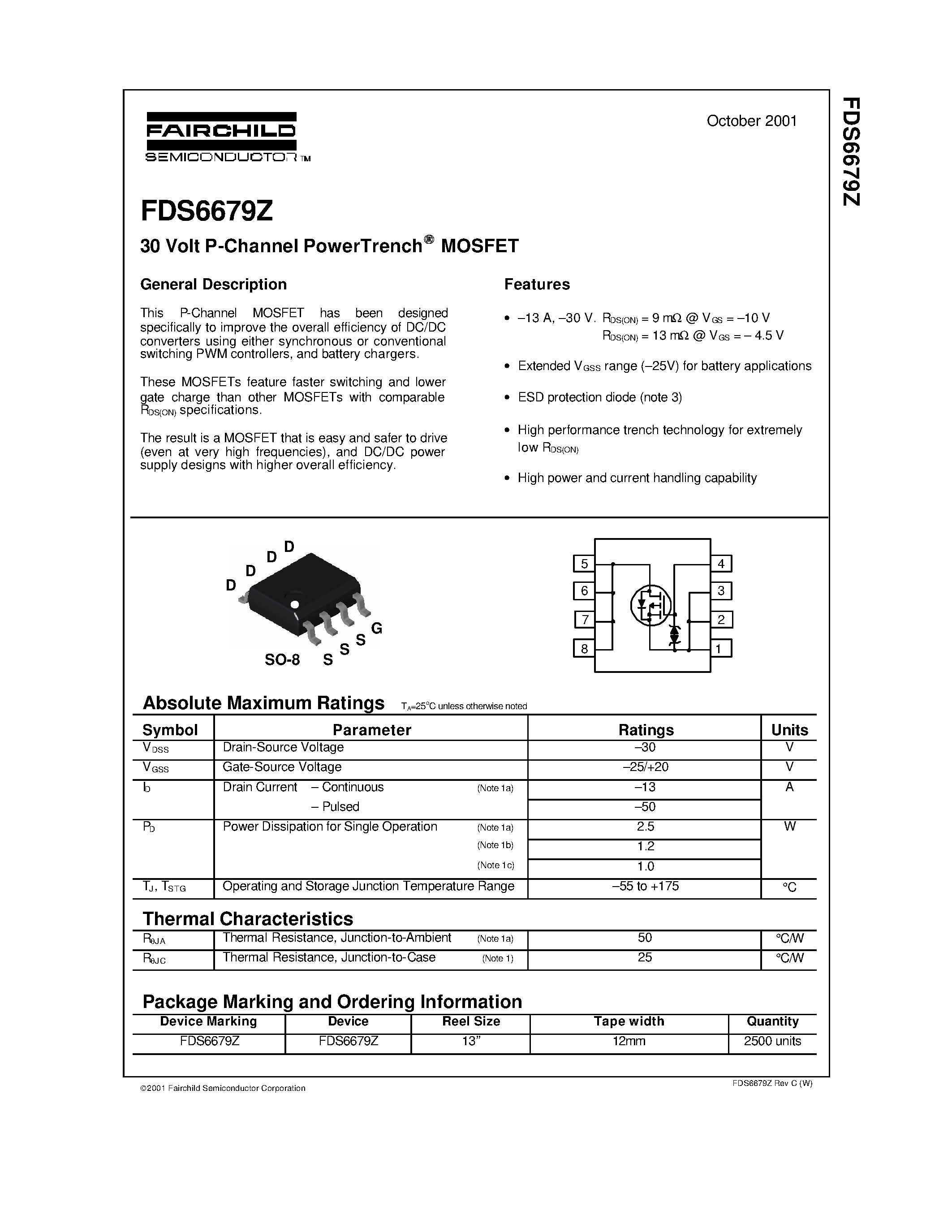 Datasheet FDS6679Z page 1 Datasheet FDS6679Z - 30 Volt P-Channel PowerTrench MOSFET page 1