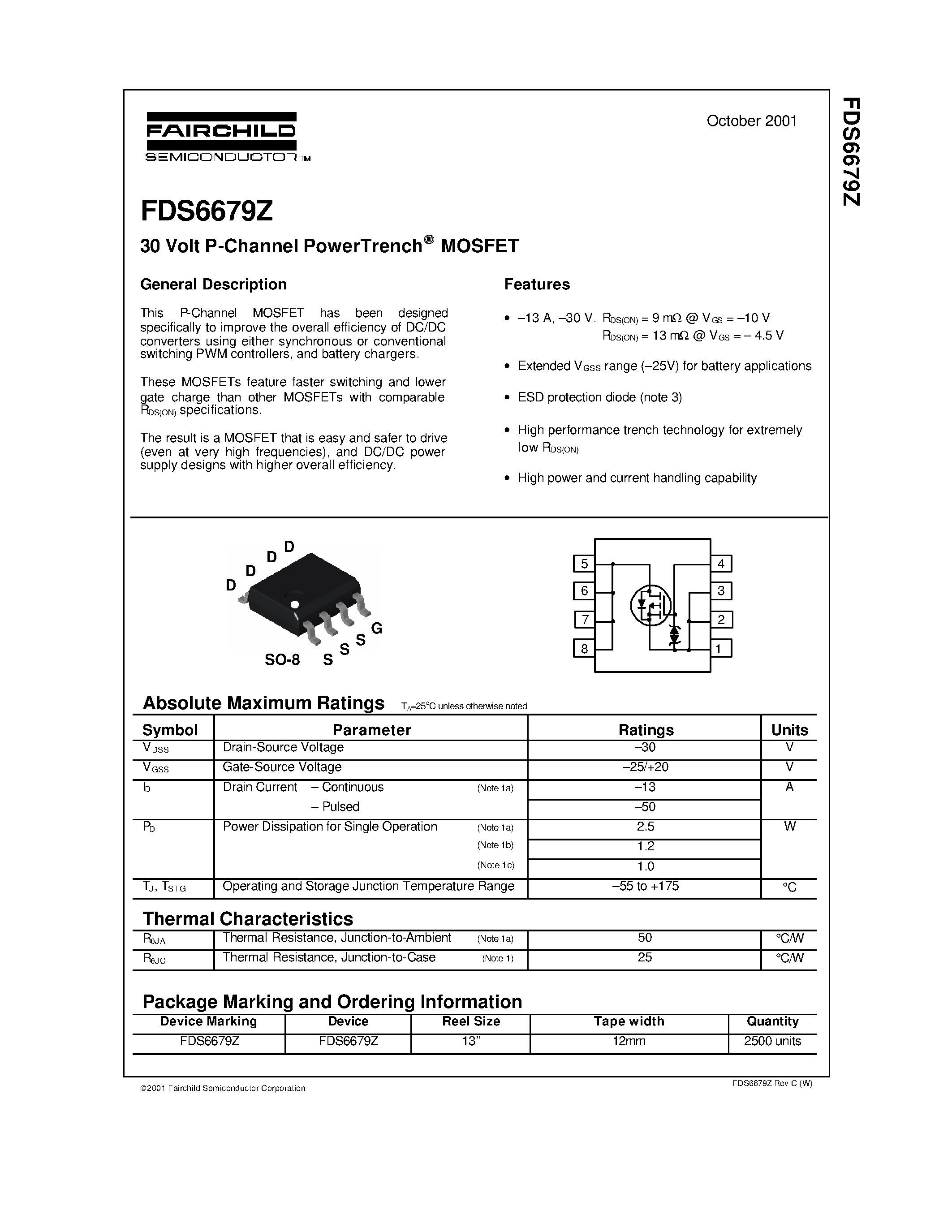 Datasheet FDS6679Z - 30 Volt P-Channel PowerTrench MOSFET page 1