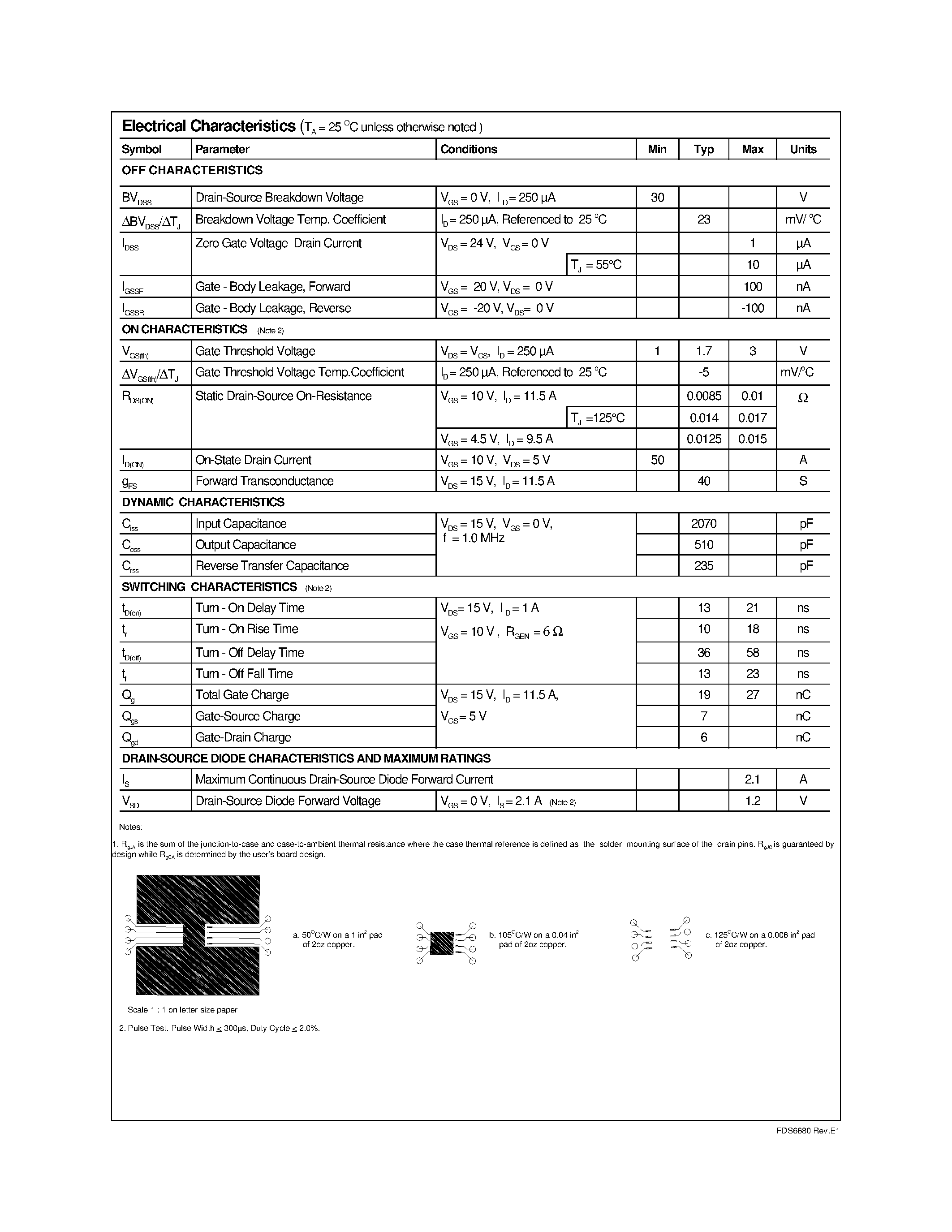 Datasheet FDS6680 page 2 Datasheet FDS6680 - Single N-Channel Logic Level PWM Optimized PowerTrenchTM MOSFET page 2