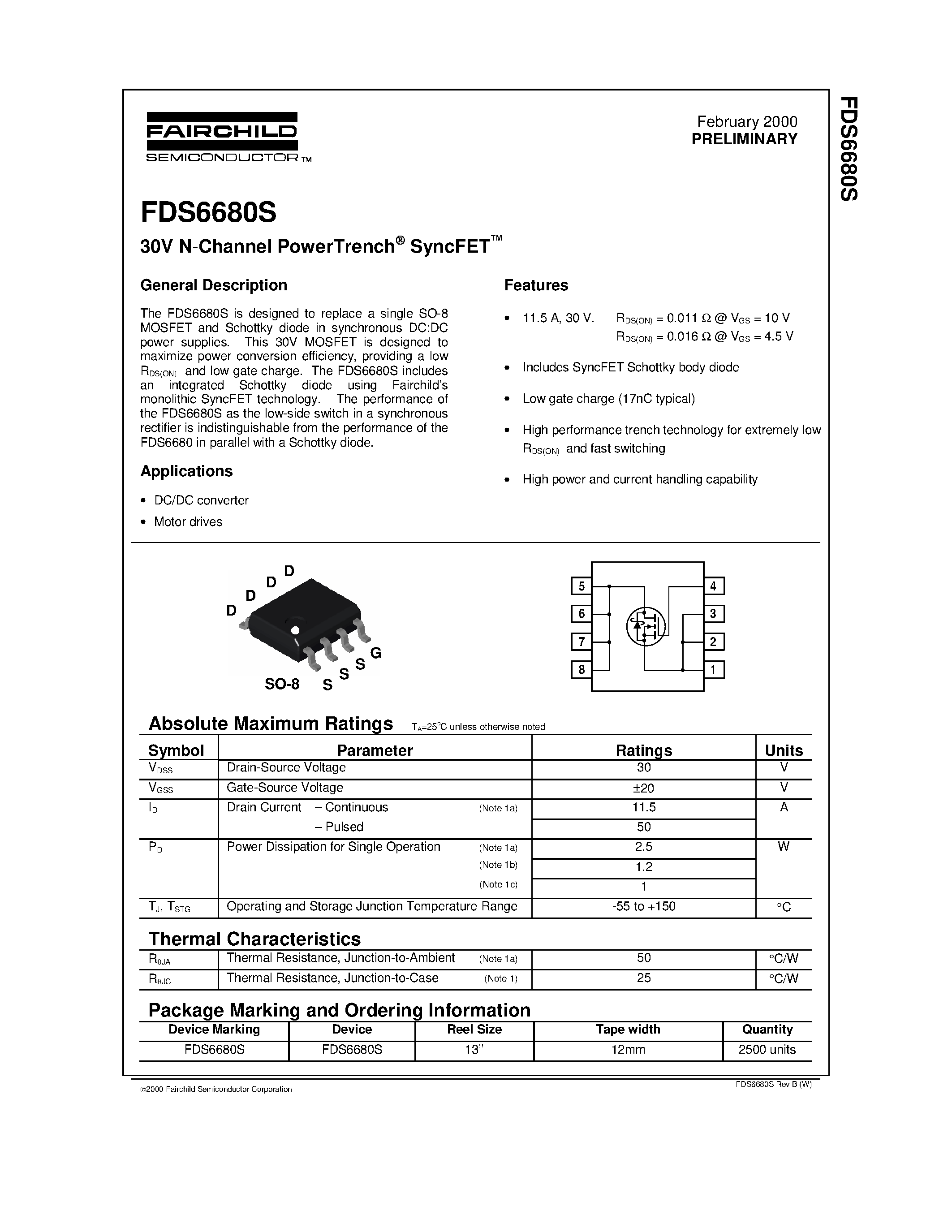 Datasheet FDS6680S page 1 Datasheet FDS6680S - 30V N-Channel PowerTrench SyncFET page 1