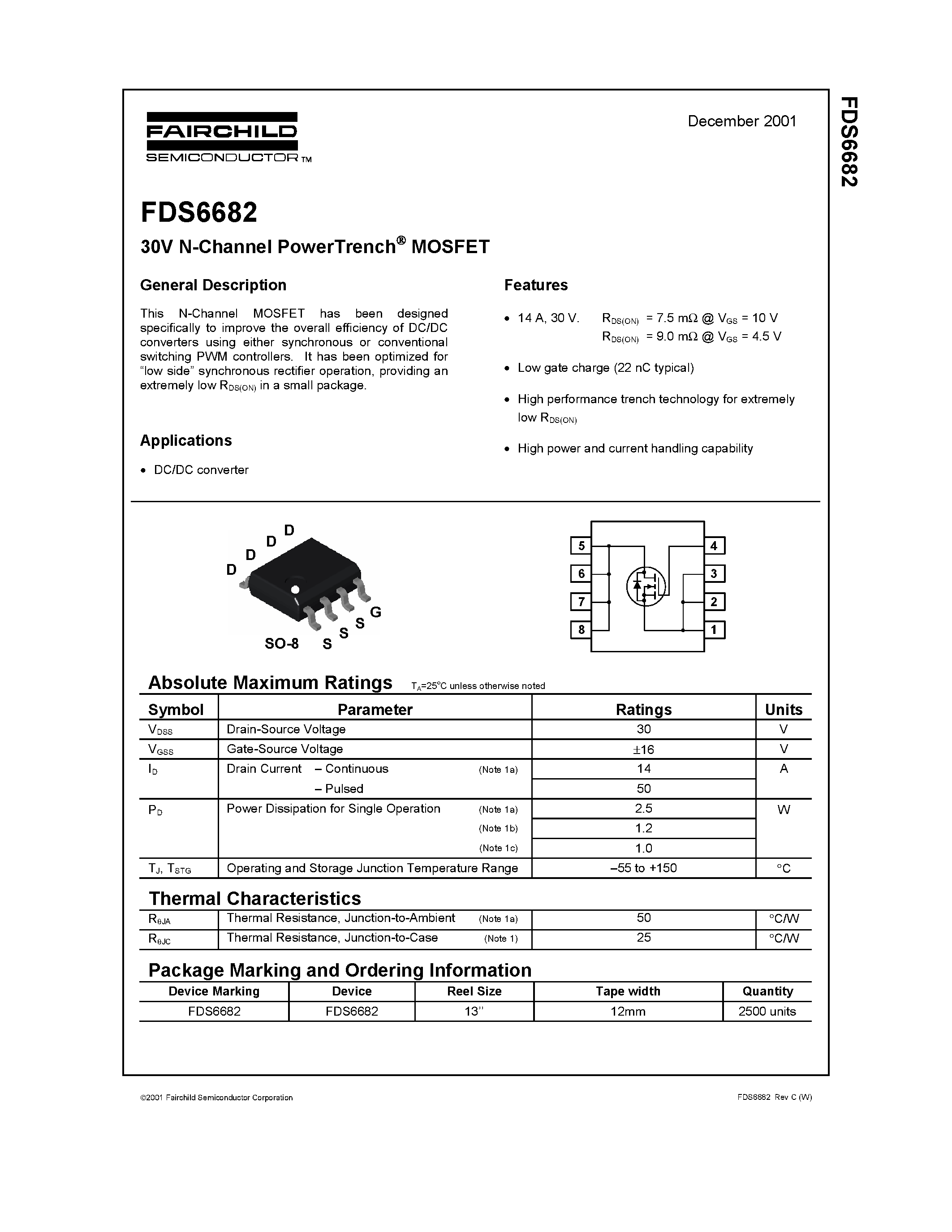 Datasheet FDS6682 page 1 Datasheet FDS6682 - 30V N-Channel PowerTrench MOSFET page 1