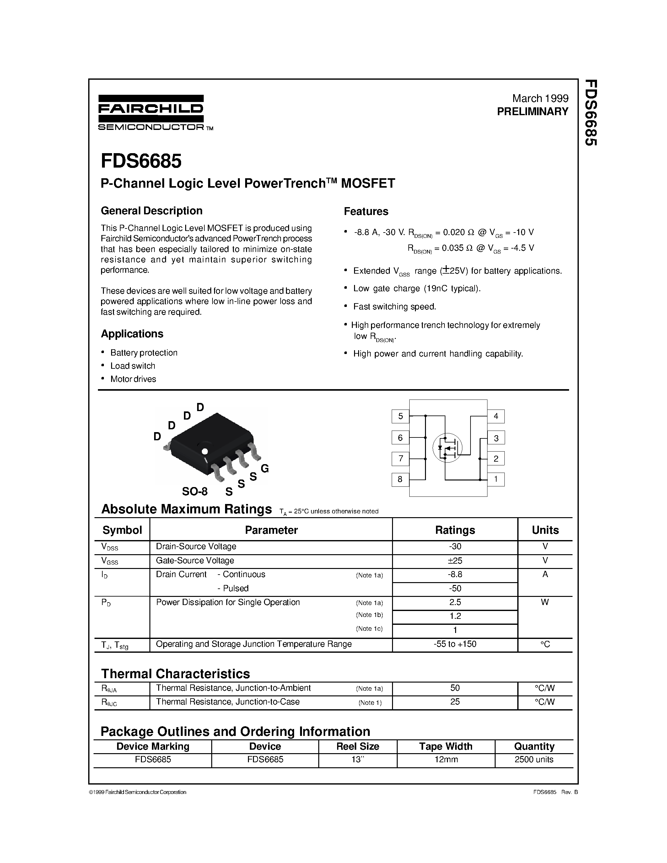 Datasheet FDS6685 page 1 Datasheet FDS6685 - P-Channel Logic Level PowerTrenchTM MOSFET page 1