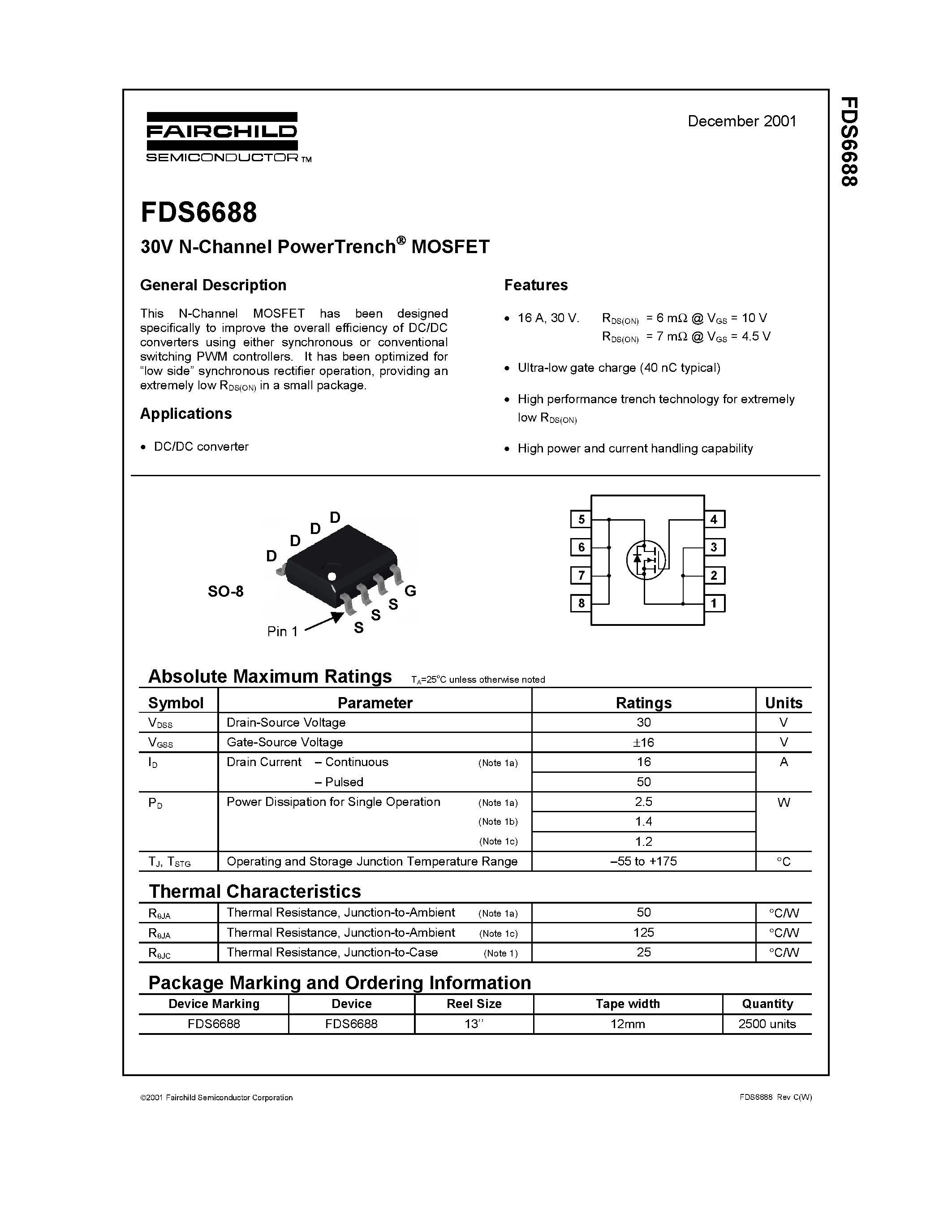 Datasheet FDS6688 page 1 Datasheet FDS6688 - 30V N-Channel PowerTrench MOSFET page 1