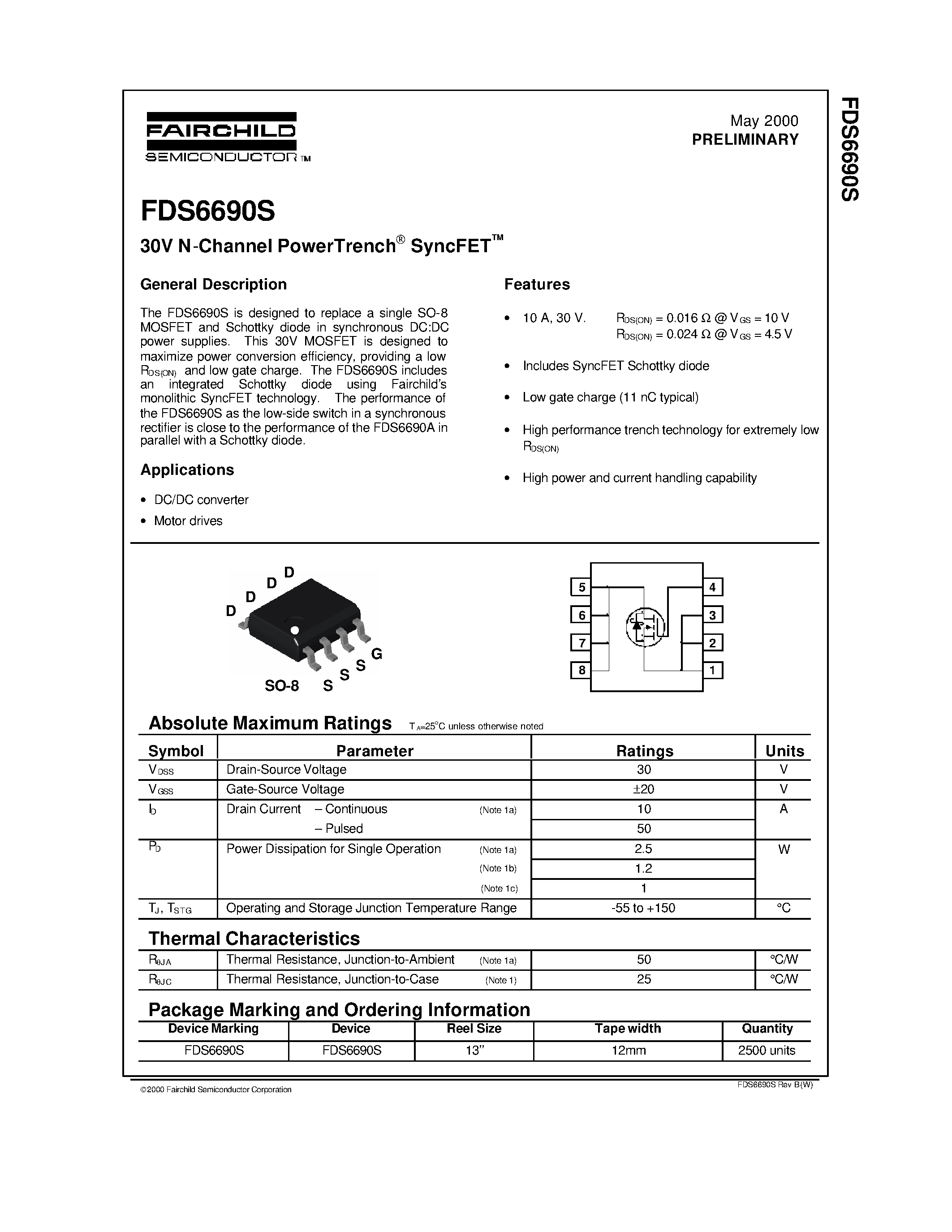 Datasheet FDS6690S page 1 Datasheet FDS6690S - 30V N-Channel PowerTrench SyncFET page 1