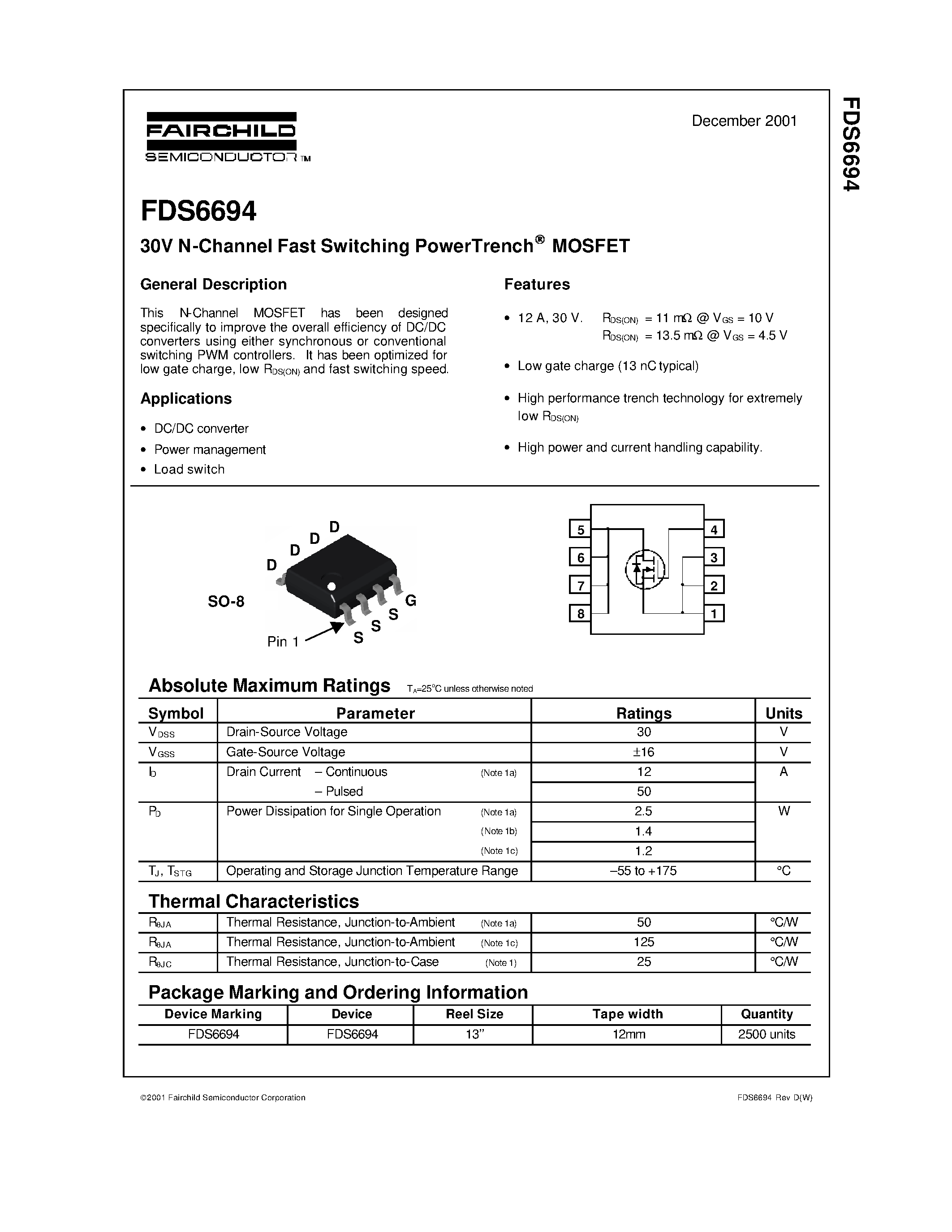 Datasheet FDS6694 page 1 Datasheet FDS6694 - 30V N-Channel Fast Switching PowerTrench MOSFET page 1