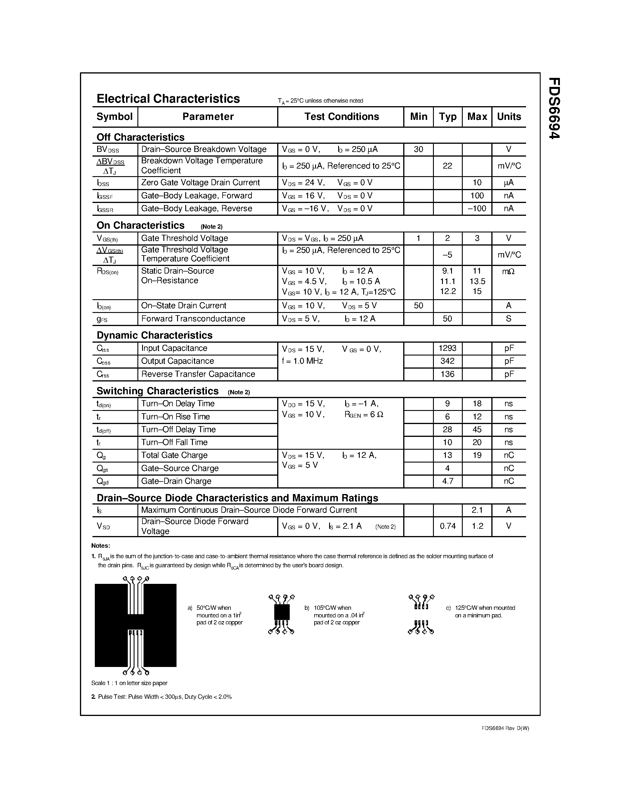 Datasheet FDS6694 page 2 Datasheet FDS6694 - 30V N-Channel Fast Switching PowerTrench MOSFET page 2