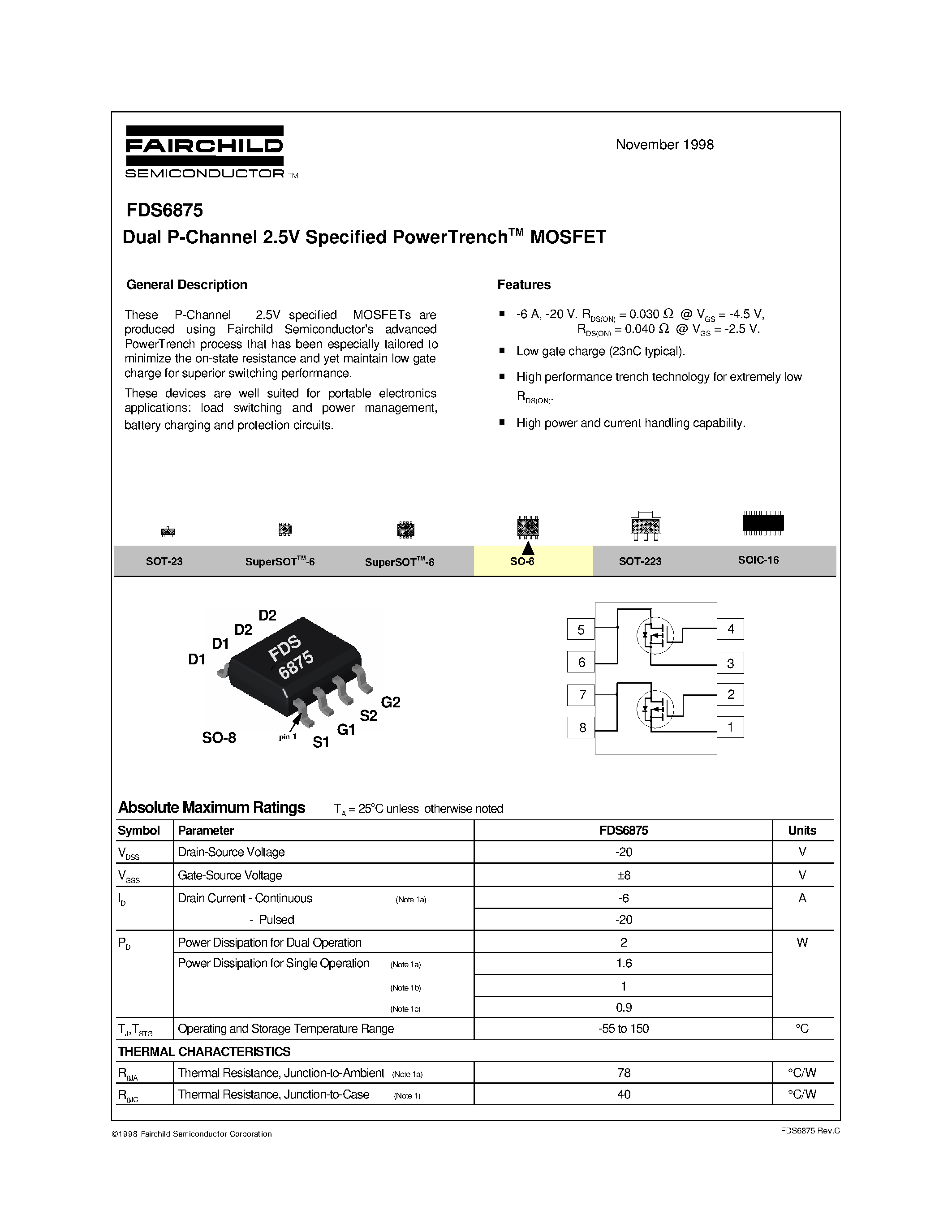 Datasheet FDS6875 page 1 Datasheet FDS6875 - Dual P-Channel 2.5V Specified PowerTrenchTM MOSFET page 1