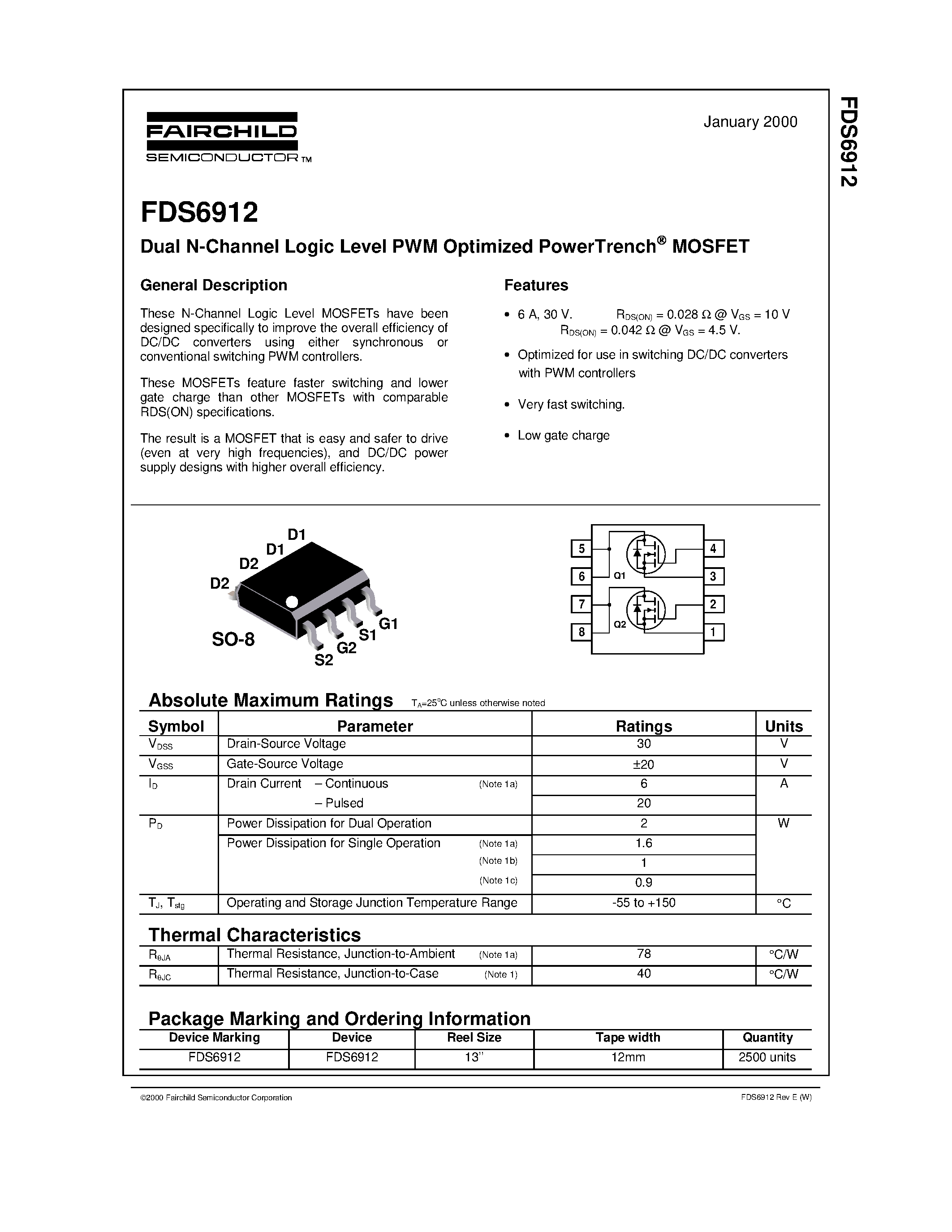 Даташит FDS6912 - Dual N-Channel Logic Level PWM Optimized PowerTrench MOSFET страница 1