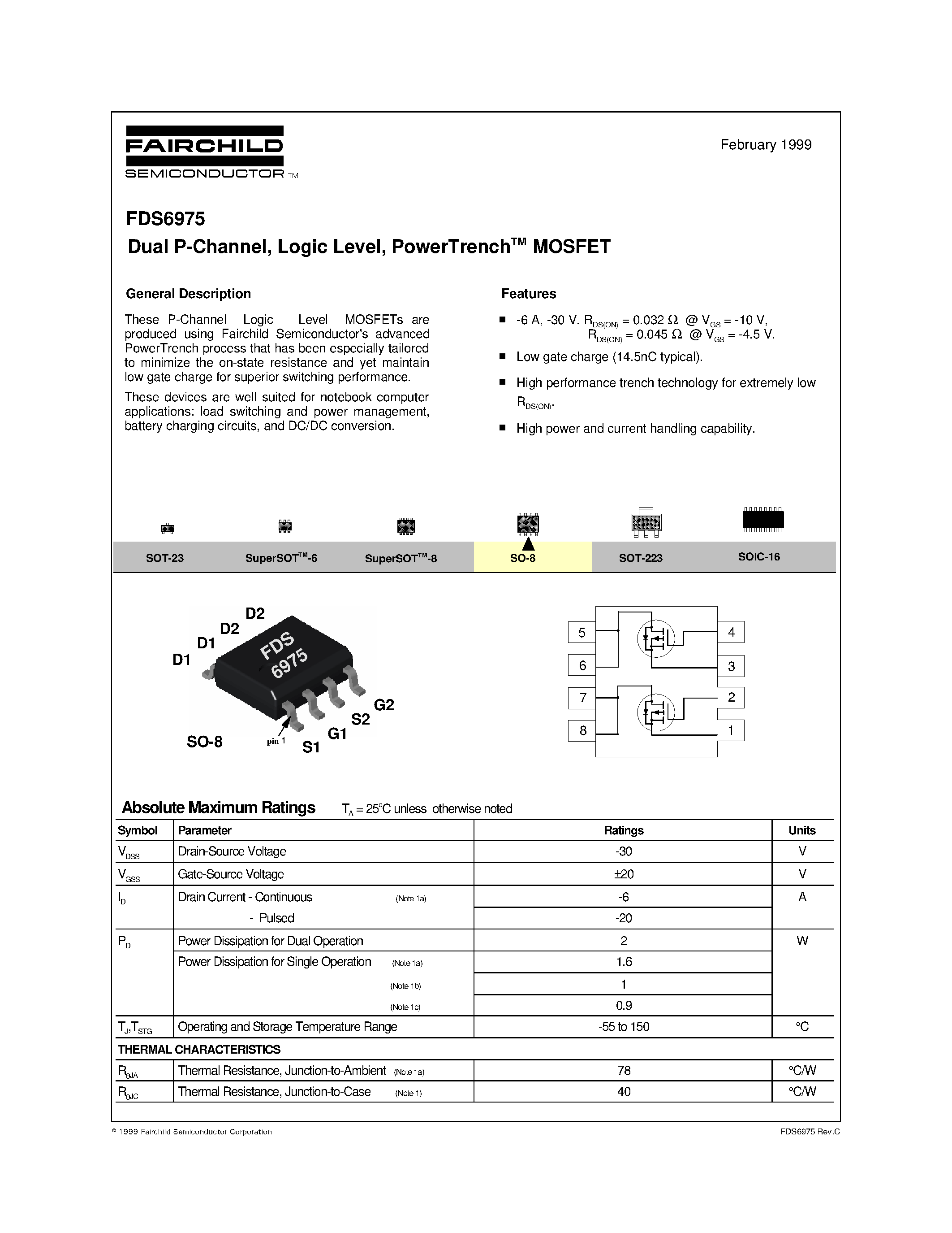 Datasheet FDS6975 page 1 Datasheet FDS6975 - Dual P-Channel/ Logic Level/ PowerTrenchTM MOSFET page 1