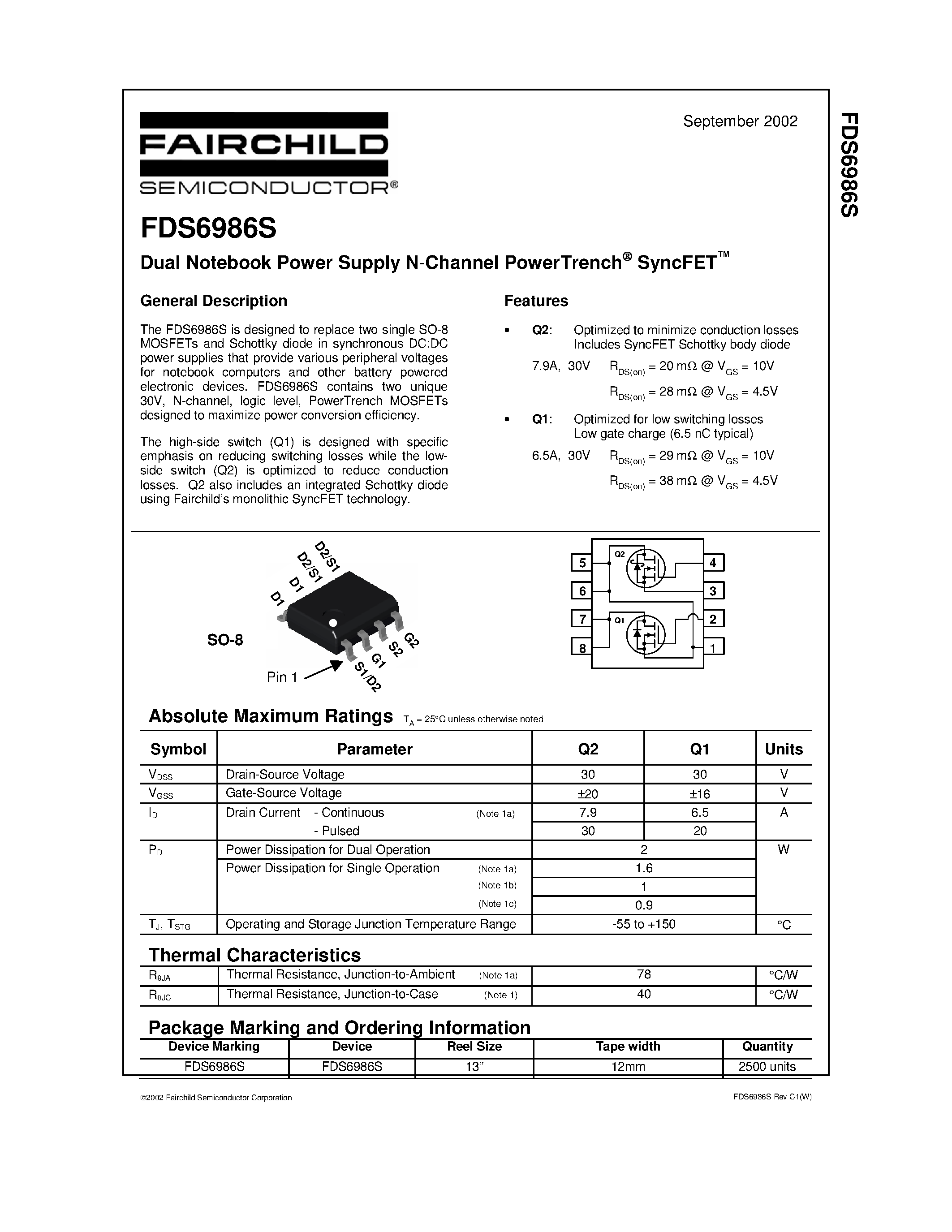 Даташит FDS6986S - Dual Notebook Power Supply N-Channel PowerTrench SyncFET страница 1