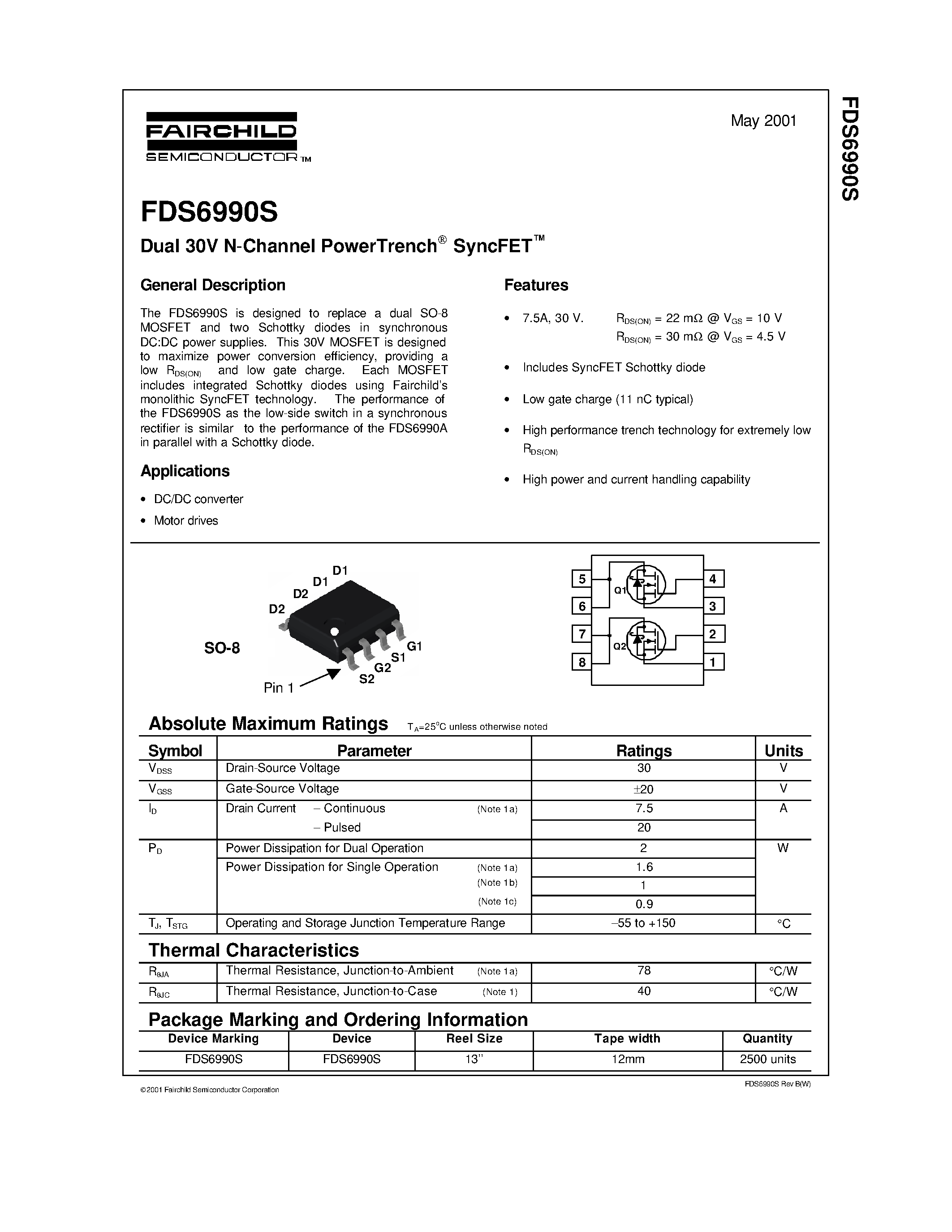 Datasheet FDS6990S - Dual 30V N-Channel PowerTrench SyncFET page 1