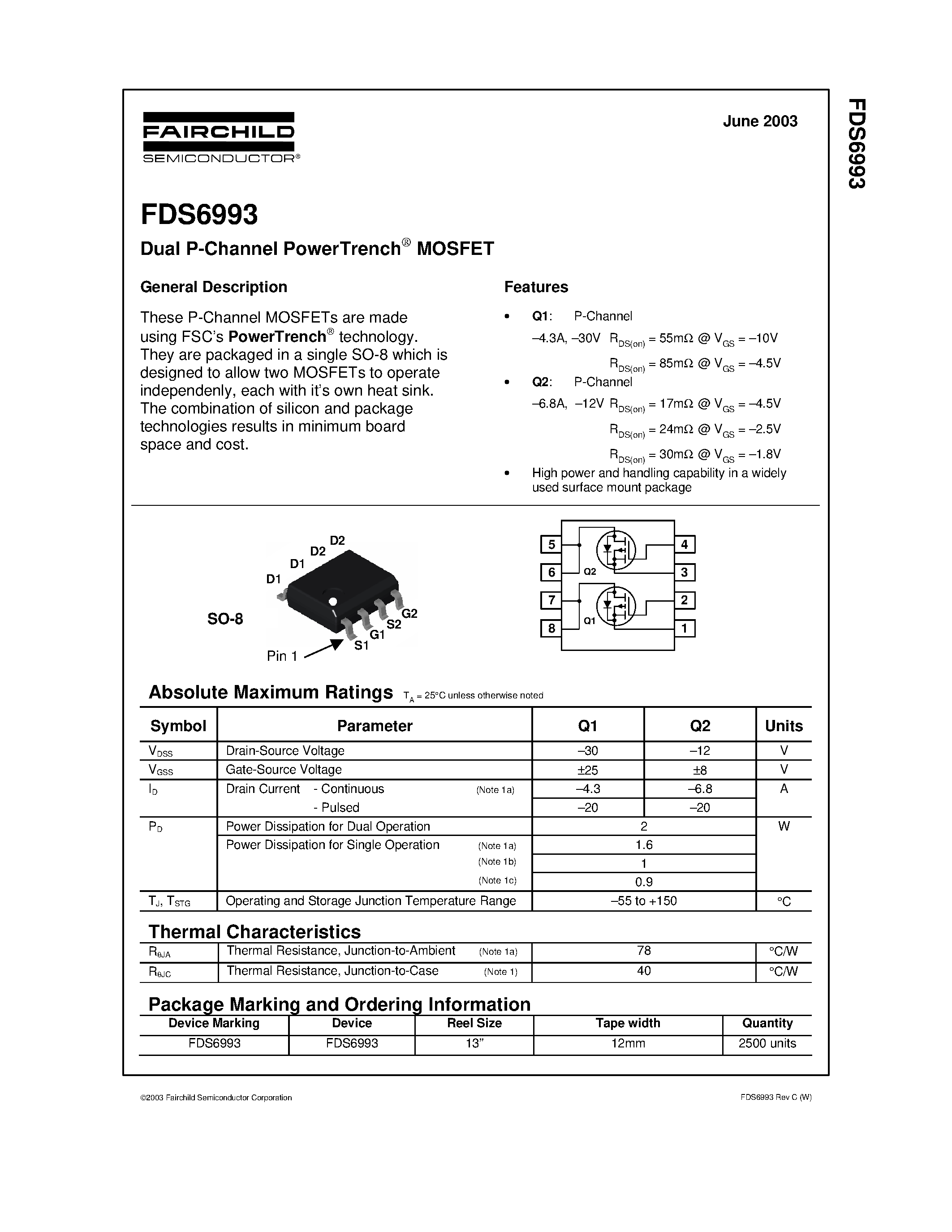 Даташит FDS6993 - Dual P-Channel PowerTrench MOSFET страница 1
