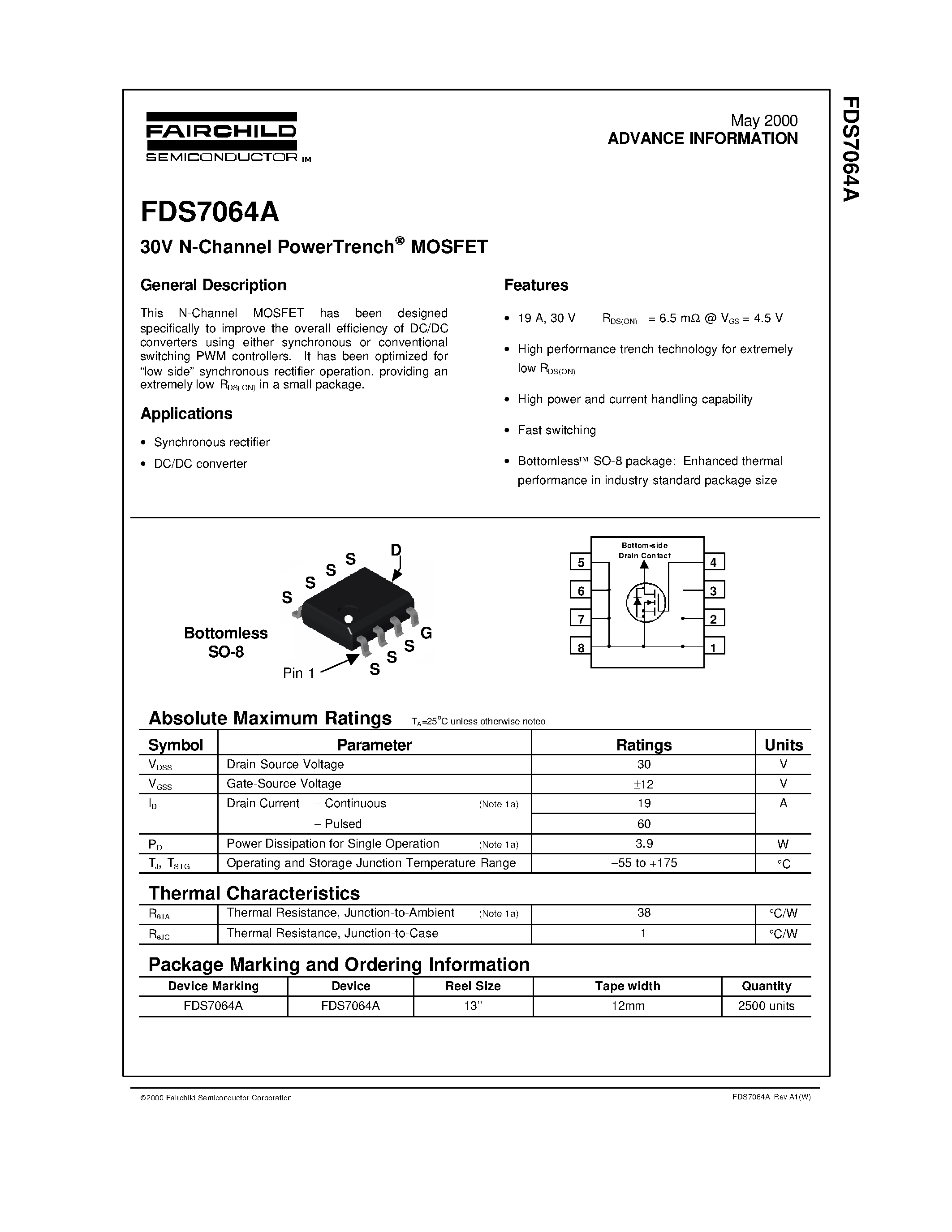 Даташит FDS7064A - 30V N-Channel PowerTrench MOSFET страница 1