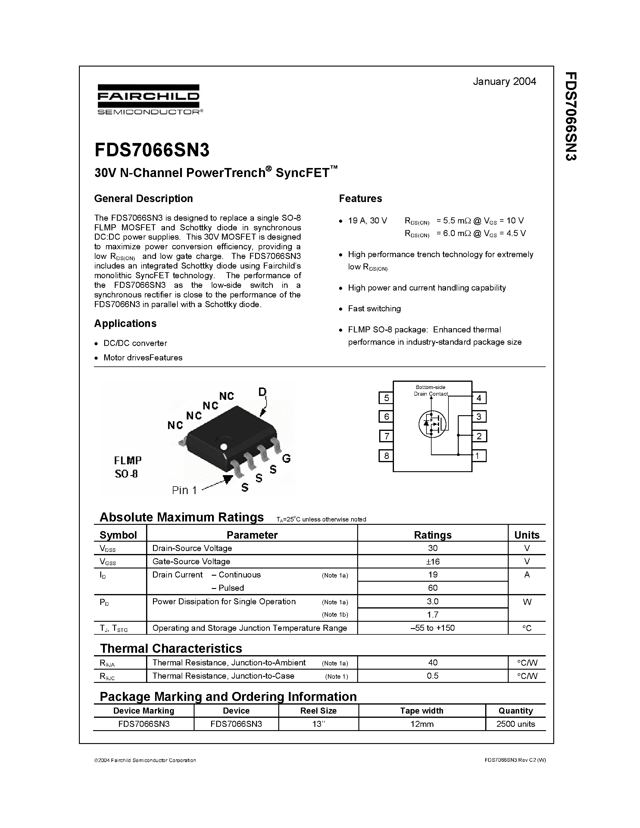 Даташит FDS7066SN3 - 30V N-Channel PowerTrench SyncFET страница 1