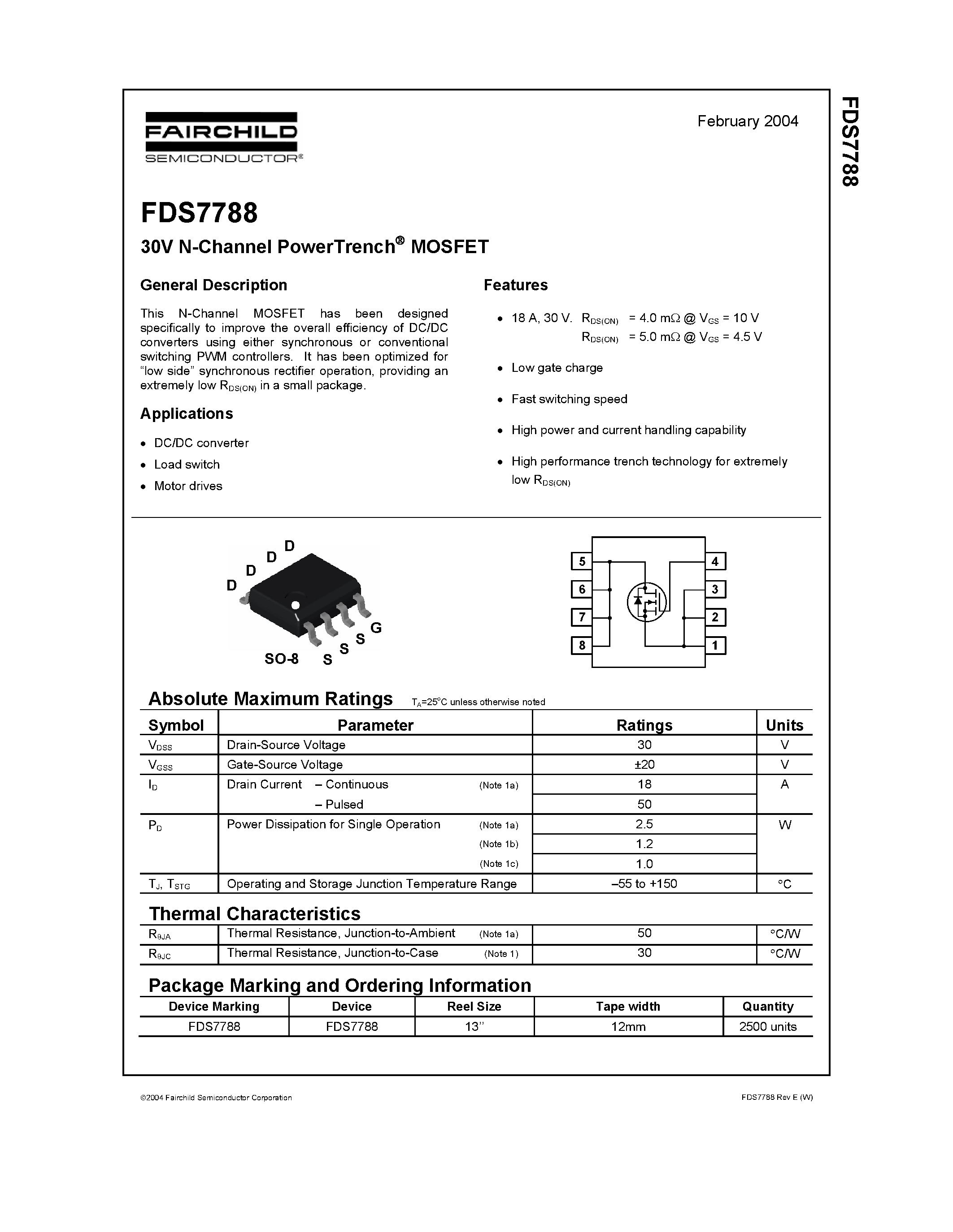 Даташит на микросхему FDS7788 страница 1 Даташит FDS7788 - 30V N-Channel PowerTrench MOSFET страница 1