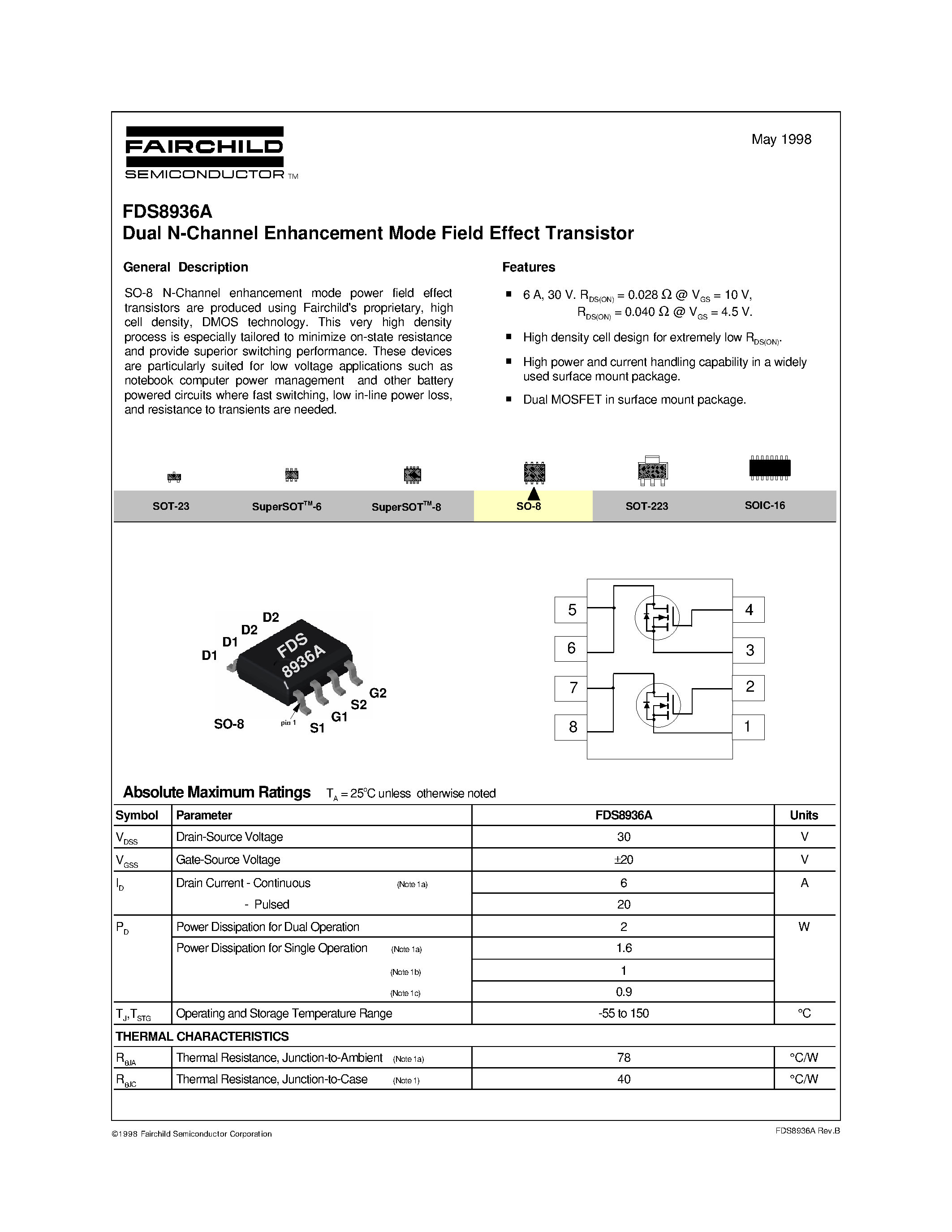Даташит на микросхему FDS8936 страница 1 Даташит FDS8936 - Dual N-Channel Enhancement Mode Field Effect Transistor страница 1